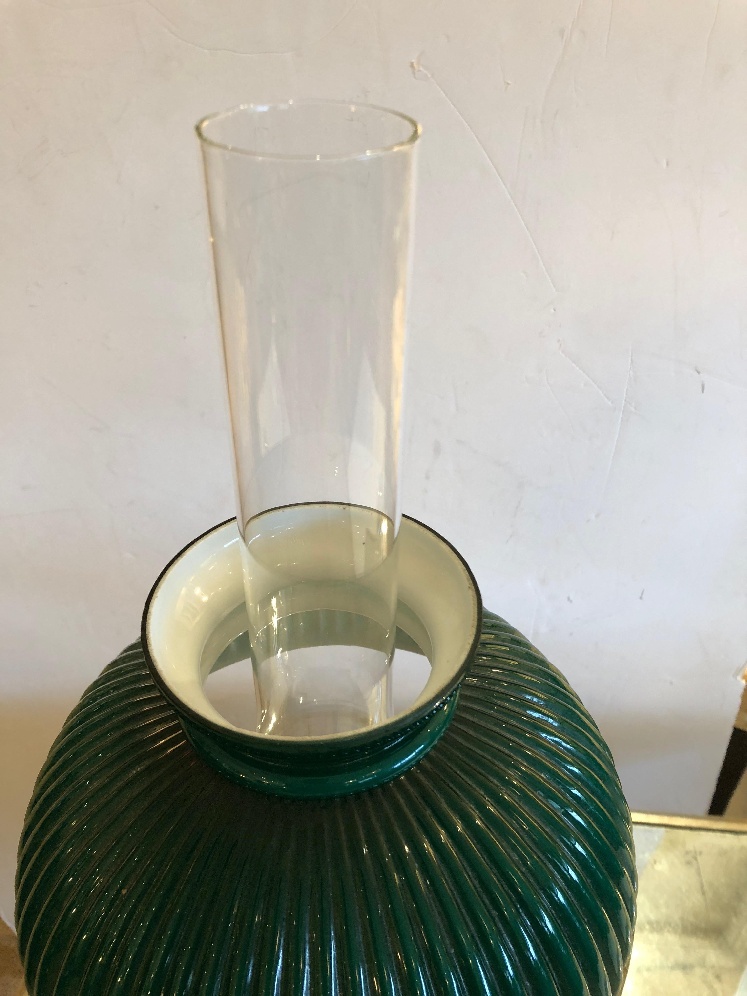 Victorian Beautiful Electrified Brass Oil Lamp by New Rochester with Green Glass Shade