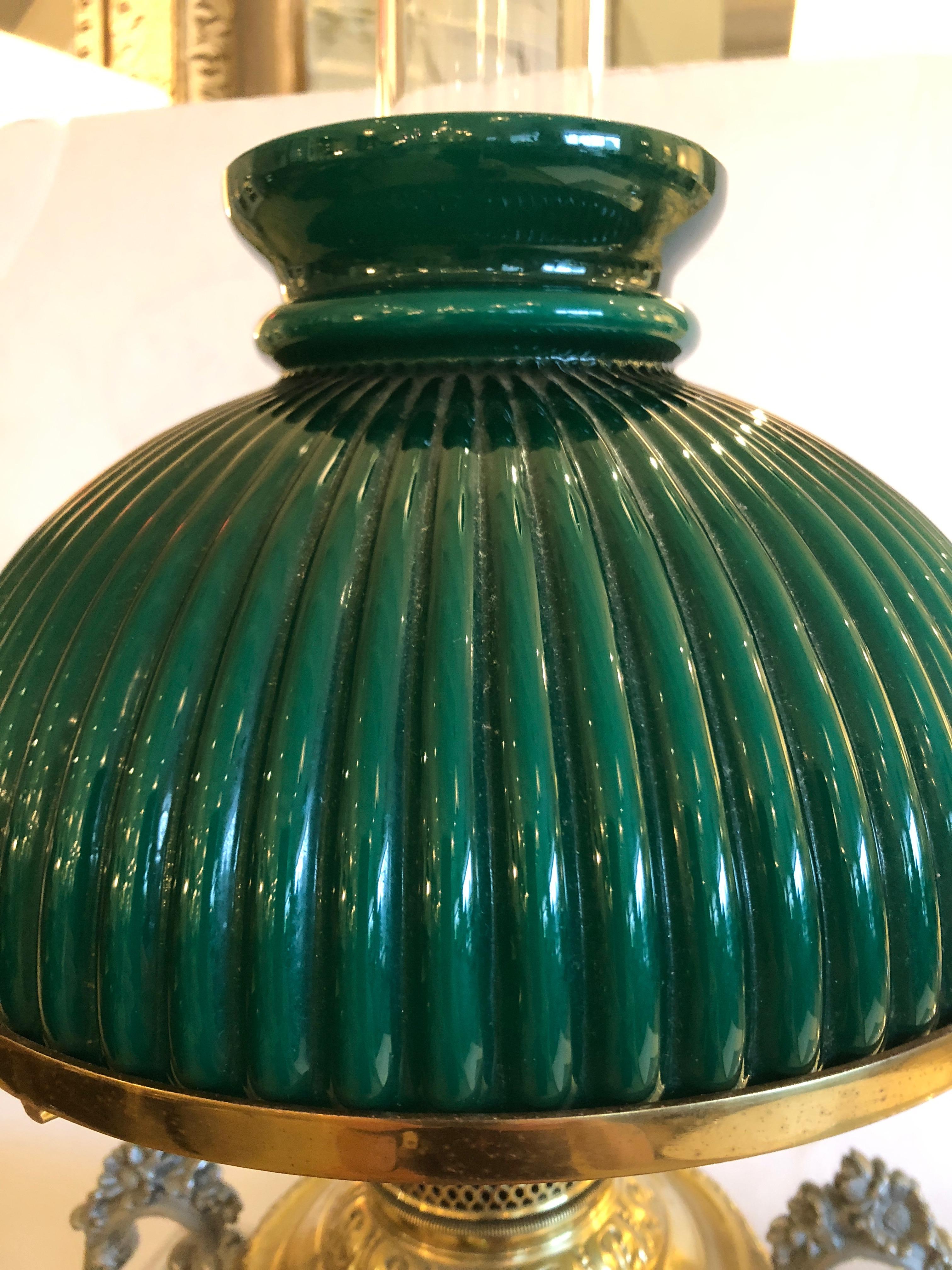 American Beautiful Electrified Brass Oil Lamp by New Rochester with Green Glass Shade