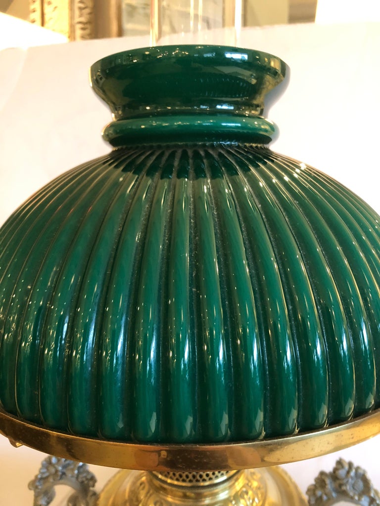 Beautiful Electrified Brass Oil Lamp by New Rochester with Green Glass