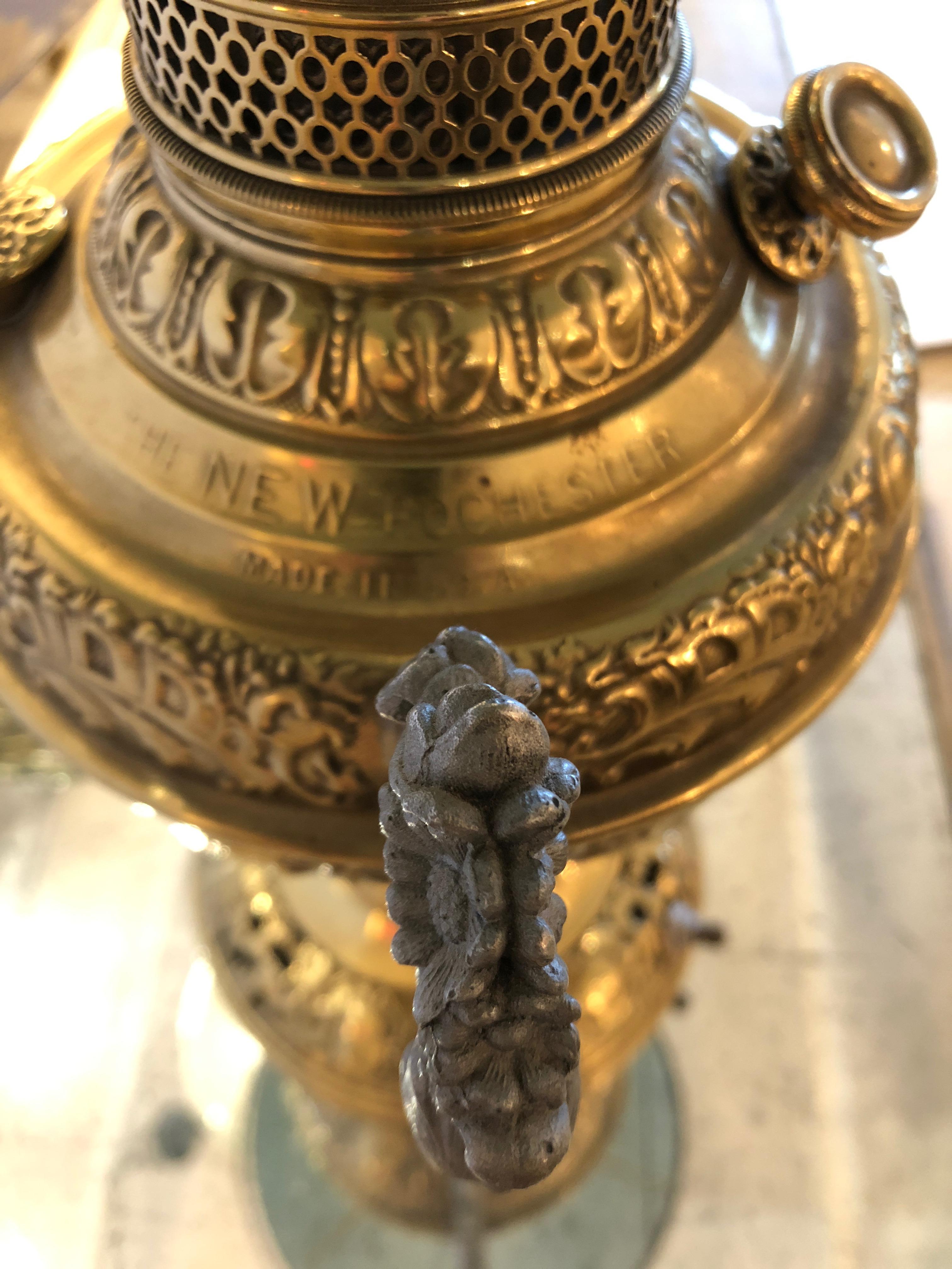 Beautiful Electrified Brass Oil Lamp by New Rochester with Green Glass Shade In Excellent Condition In Hopewell, NJ