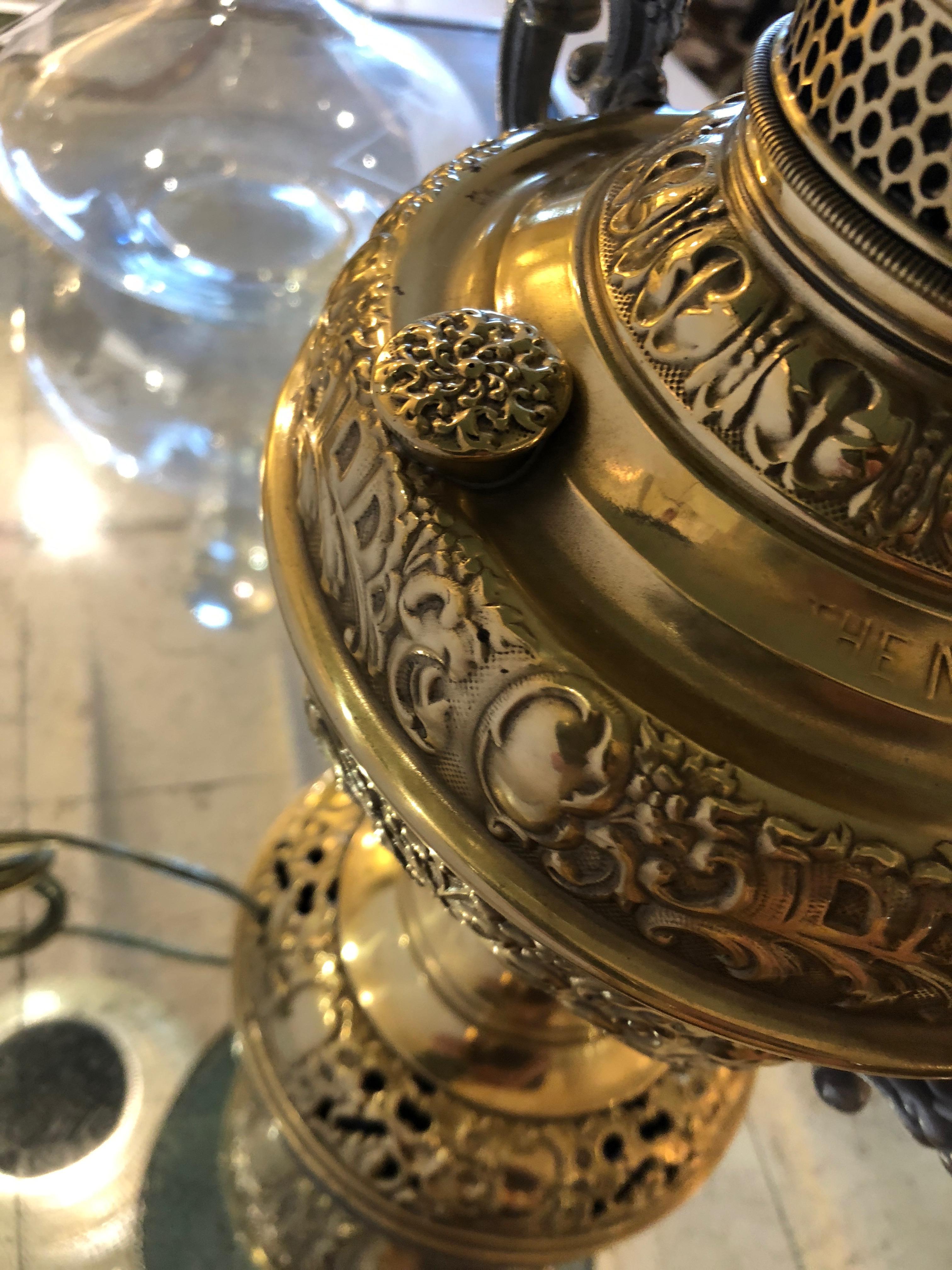 Mid-20th Century Beautiful Electrified Brass Oil Lamp by New Rochester with Green Glass Shade