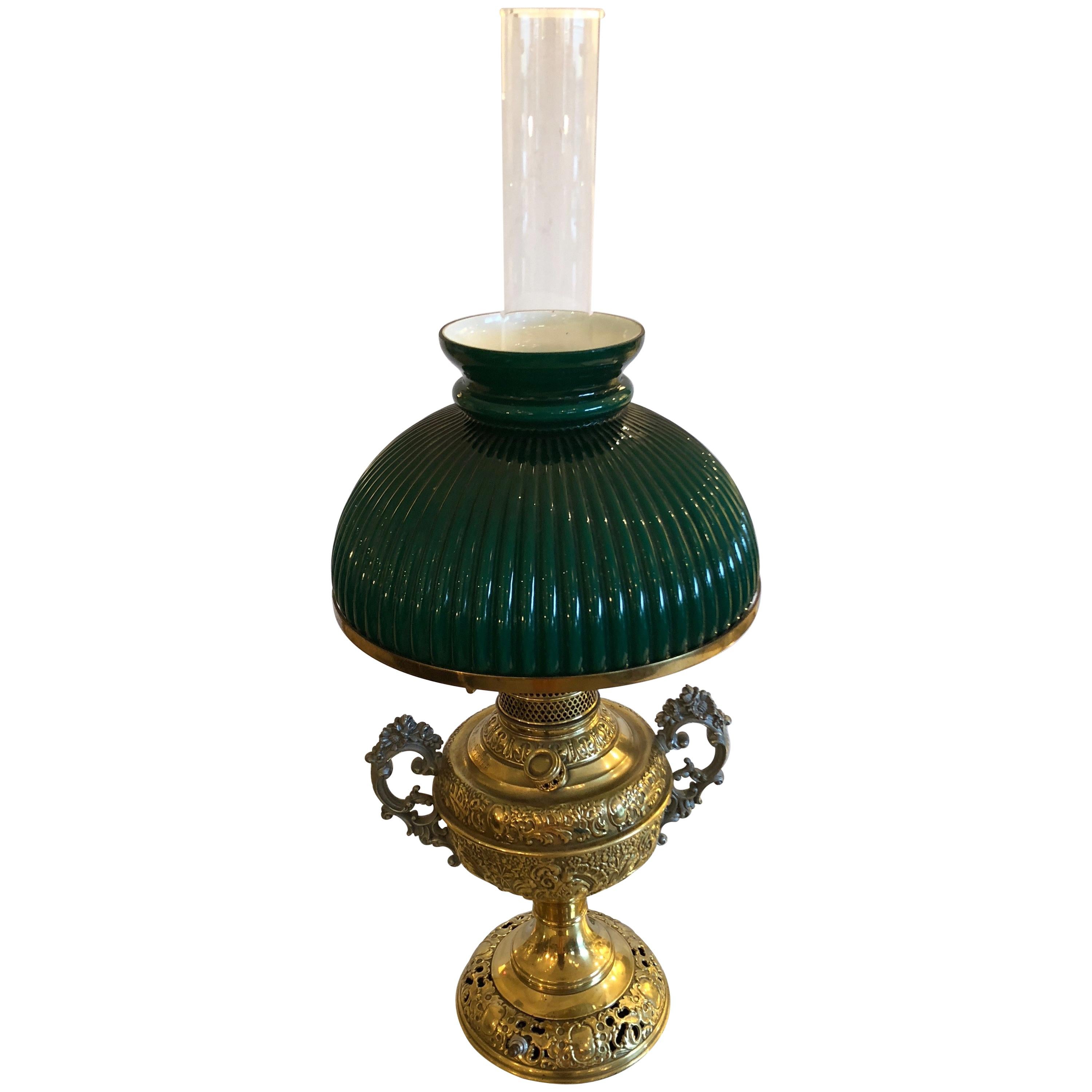 Beautiful Electrified Brass Oil Lamp by New Rochester with Green Glass  Shade at 1stDibs