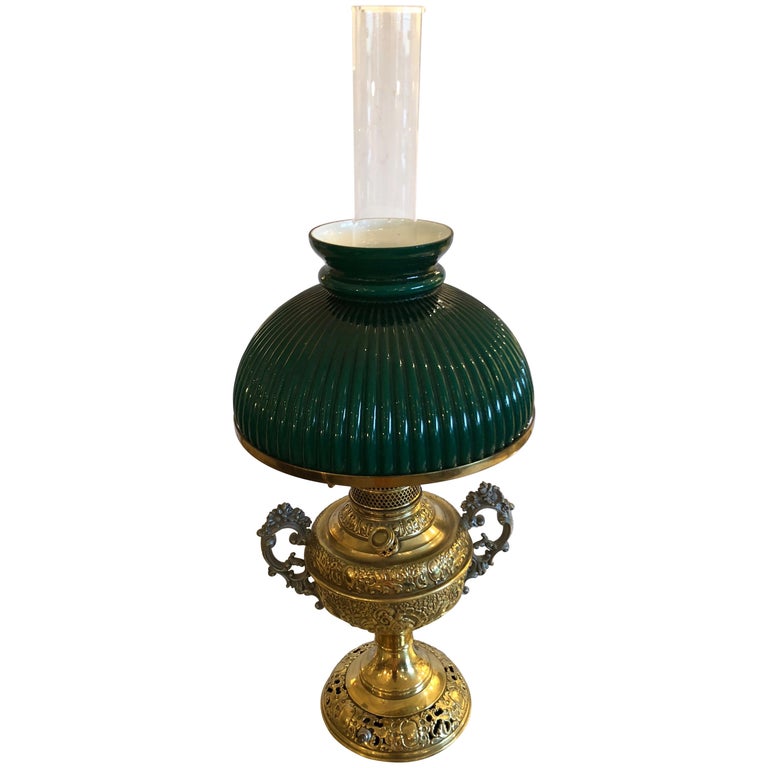 Beautiful Electrified Brass Oil Lamp by New Rochester with Green Glass