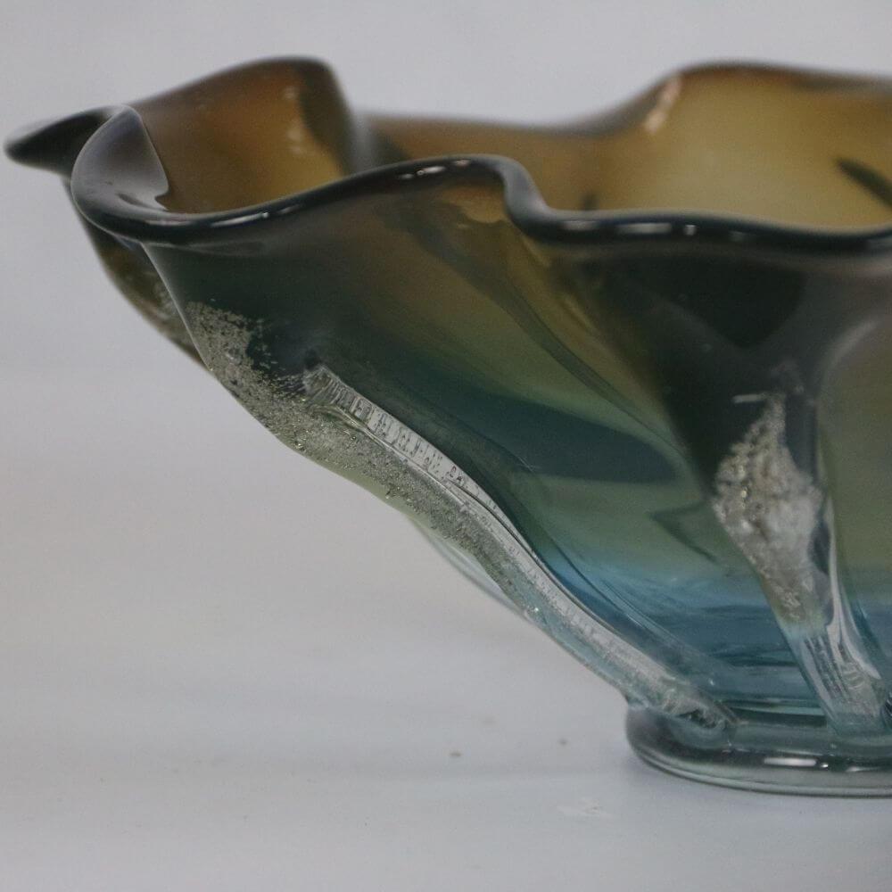 French Provincial Beautiful elegant Murano olive-green-gold large bowl wth unique wavy edges For Sale