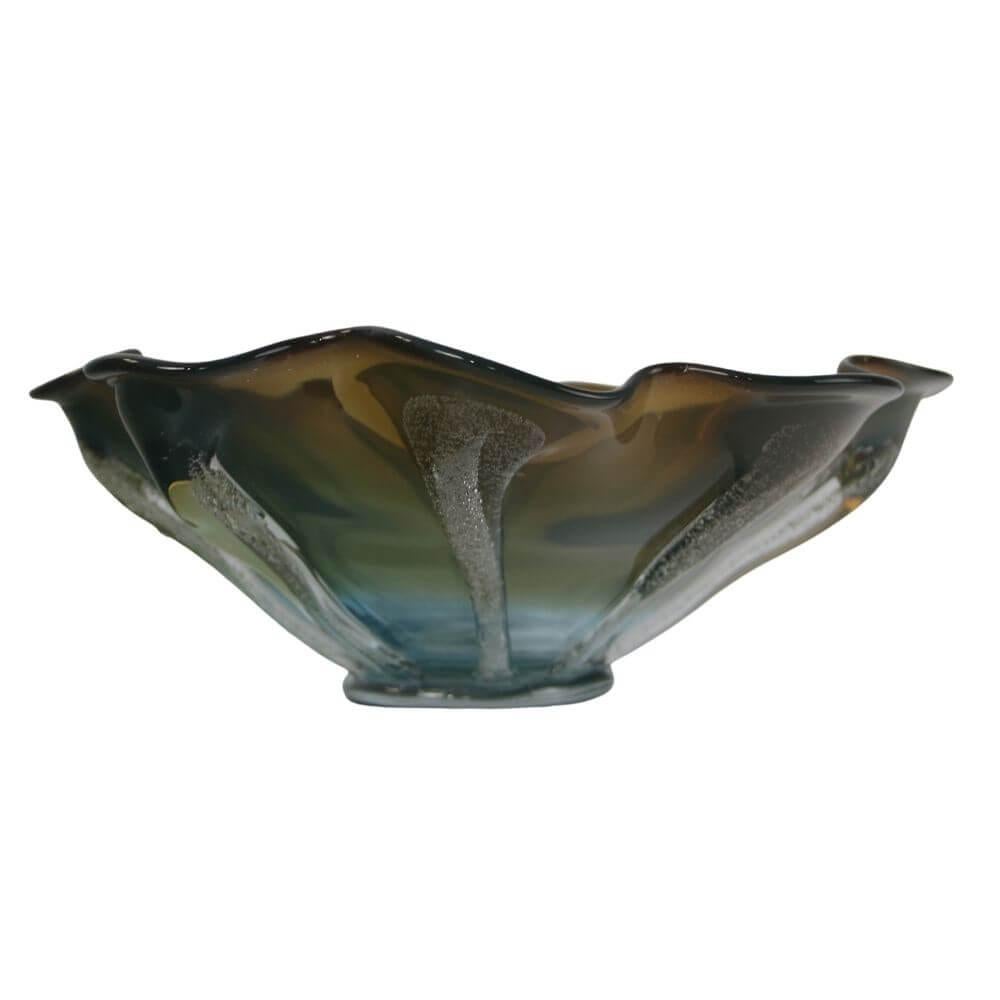 Italian Beautiful elegant Murano olive-green-gold large bowl wth unique wavy edges For Sale