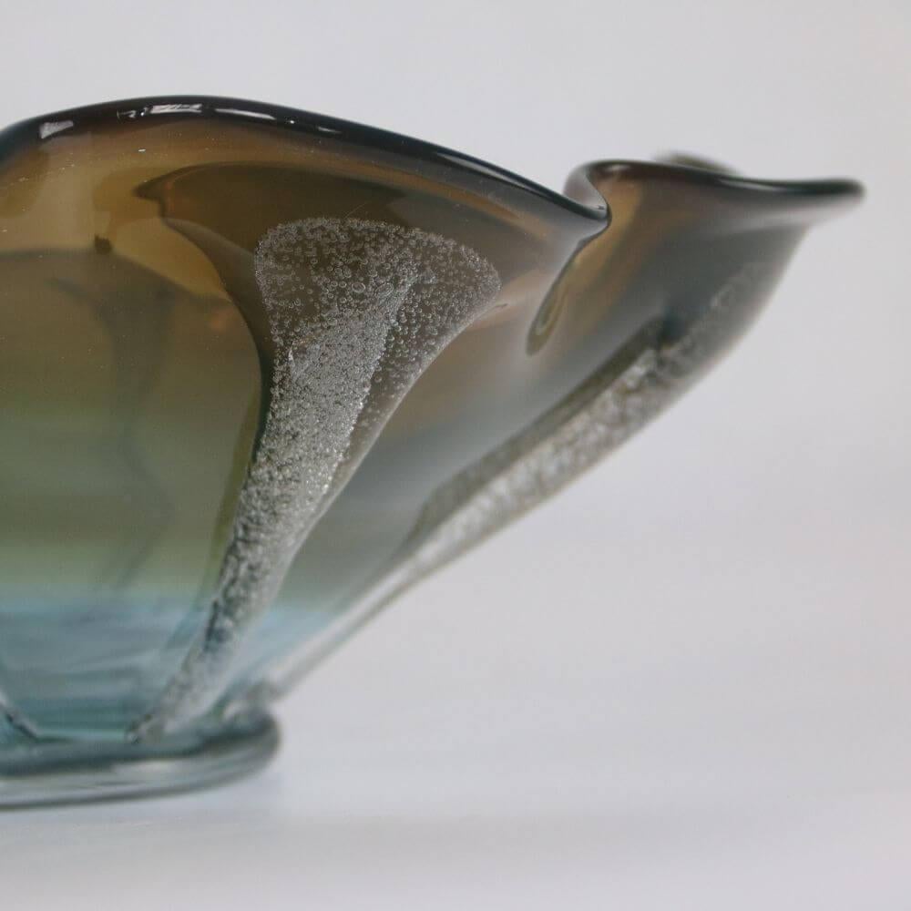 Art Glass Beautiful elegant Murano olive-green-gold large bowl wth unique wavy edges For Sale
