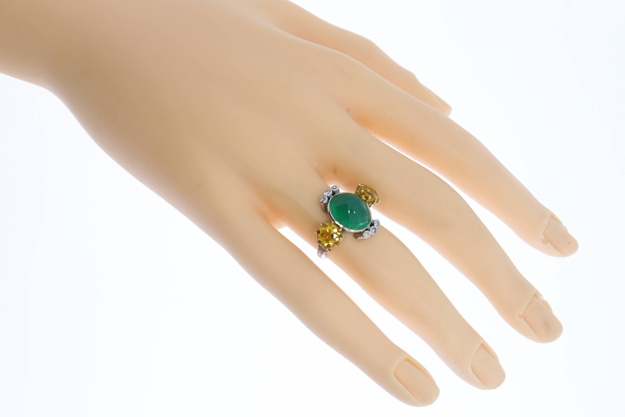 Women's 1940s Emerald Cabochon Citrine Diamond Gold Ring For Sale