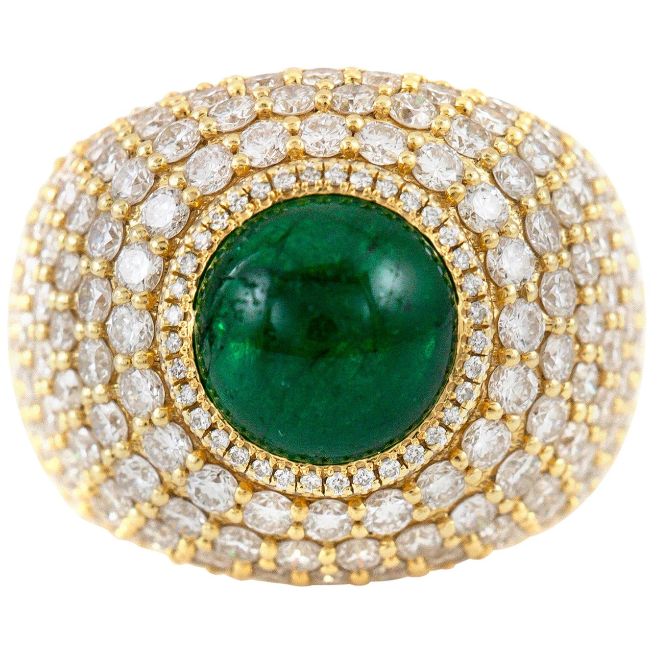 Vintage Domed Emerald and Diamond Cocktail Ring For Sale