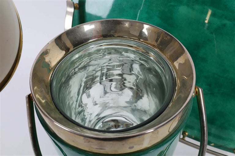 Beautiful Emerald Green Lacquered Goatskin Barware Set by Aldo Tura For