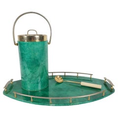Beautiful Emerald Green Lacquered Goatskin Barware Set by Aldo Tura