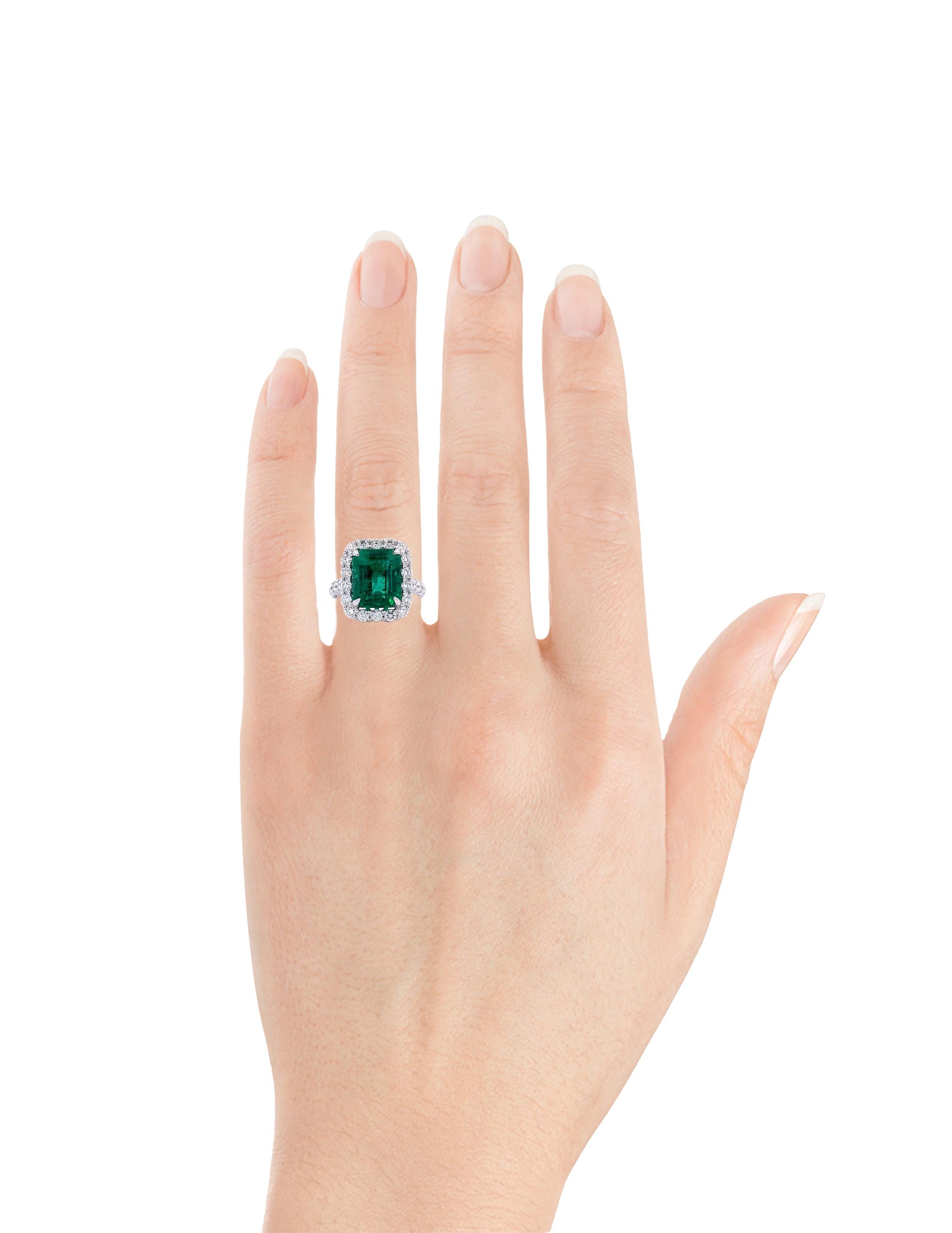 One of our newest and finest pieces - A large, Emerald Cut Emerald on a Halo Ring, crafted by BleauNy. 

Emerald Cut Emerald - 7.47ct
Diamonds - 1.77ct
Ring Metal - 18k White Gold
