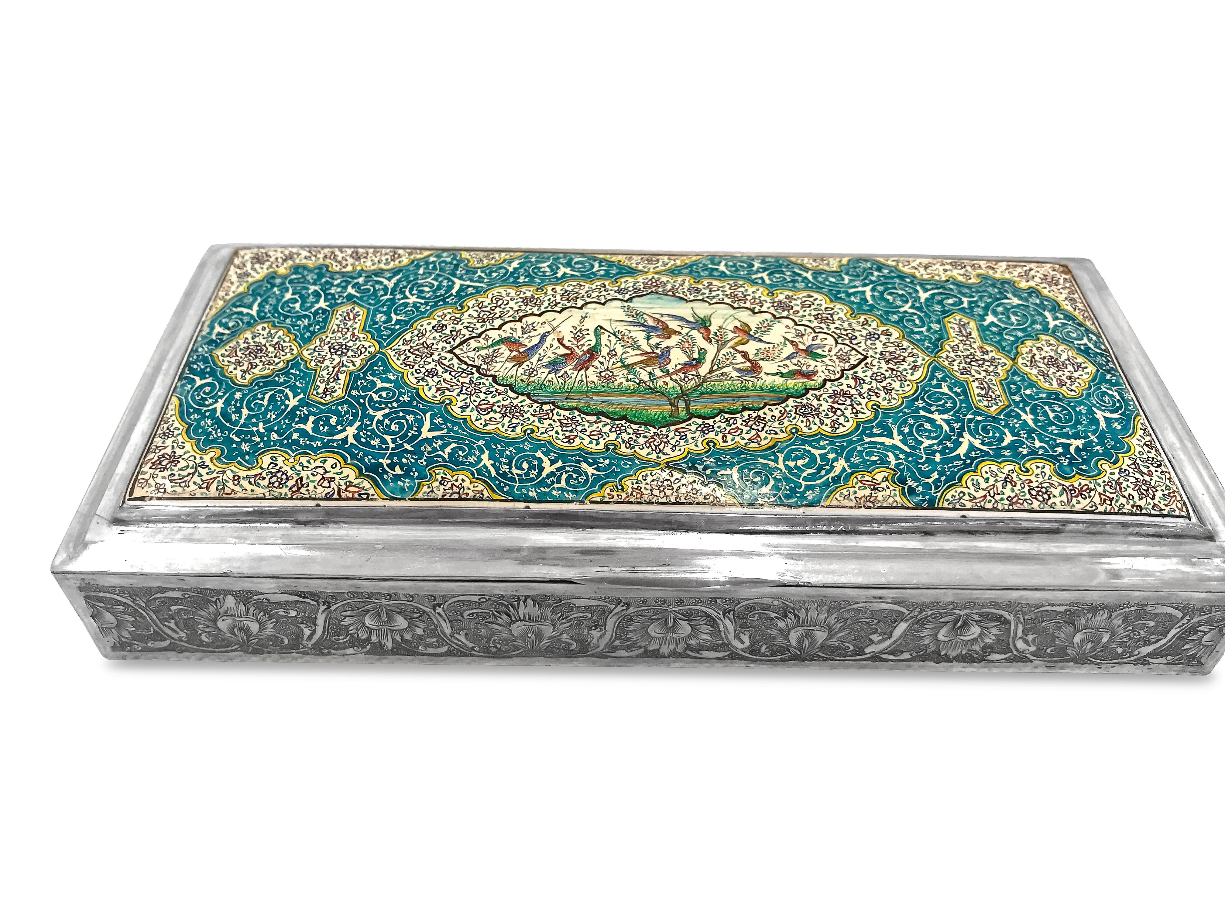 This beautiful enamel box is  absolutely gorgeous and it has been hand carved very delicately. The enamel work on top of the box is hand made too and has blue,red,yellow,green,white and black color .
In the middle part has more painting of storks