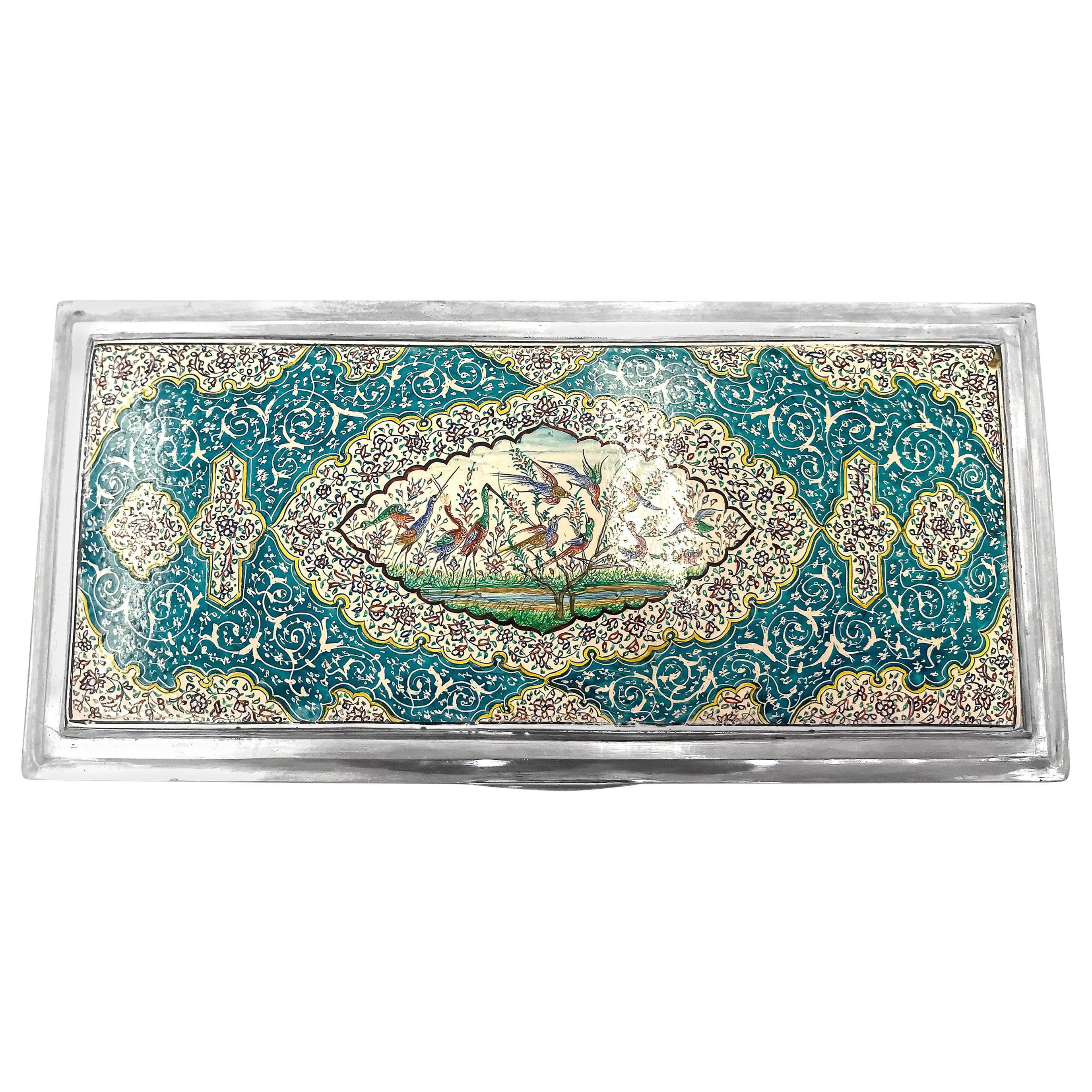Beautiful Enamel Rectangle Silver Box For Sale