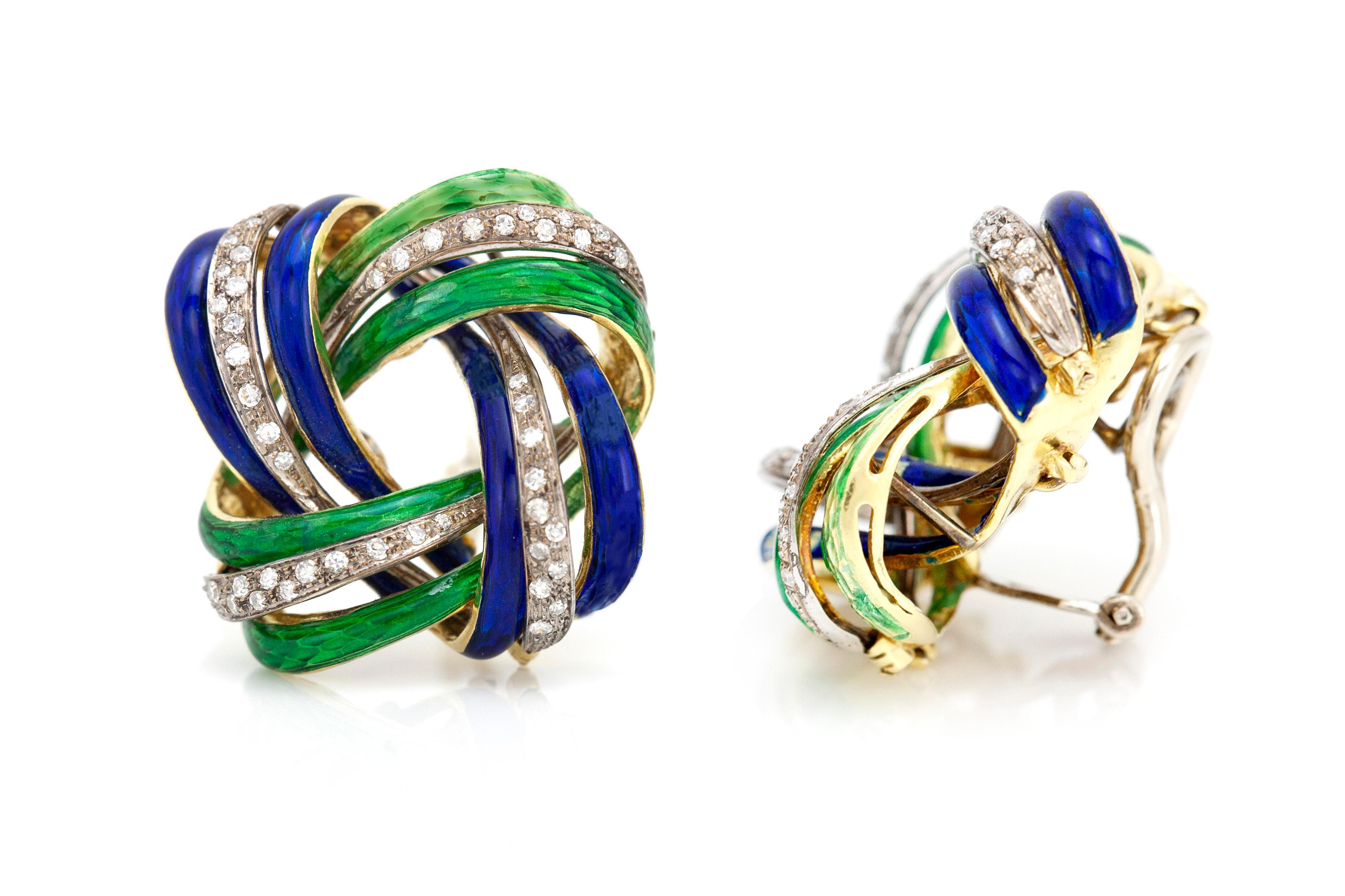 The earrings is finely crafted in 18k white gold with beautiful green and blue enamel and with diamonds weighing approximately total of 1.00 carat.