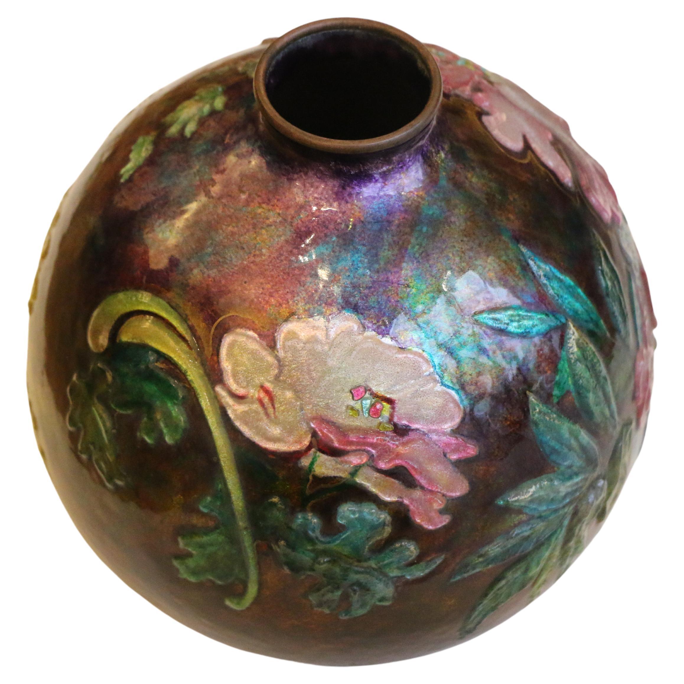 French Beautiful Enameled Floral Copper Vase by Camille Fauré, Art Deco, 1920's, France