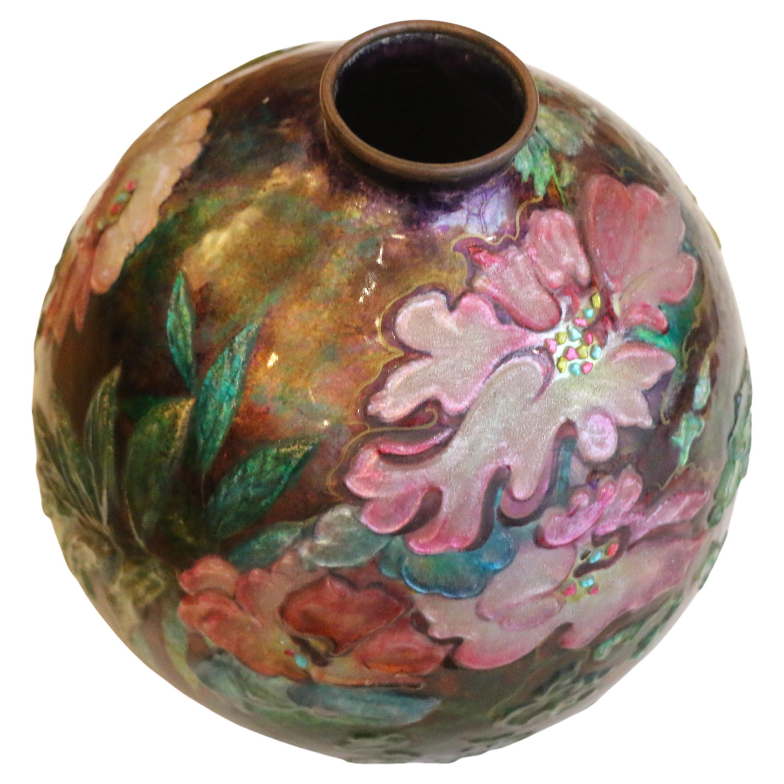 Beautiful Enameled Floral Copper Vase by Camille Fauré, Art Deco, 1920's, France