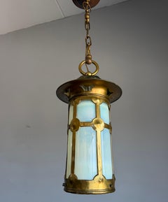Beautiful English Arts & Crafts Brass and Opaline Glass Lantern / Pendant Light