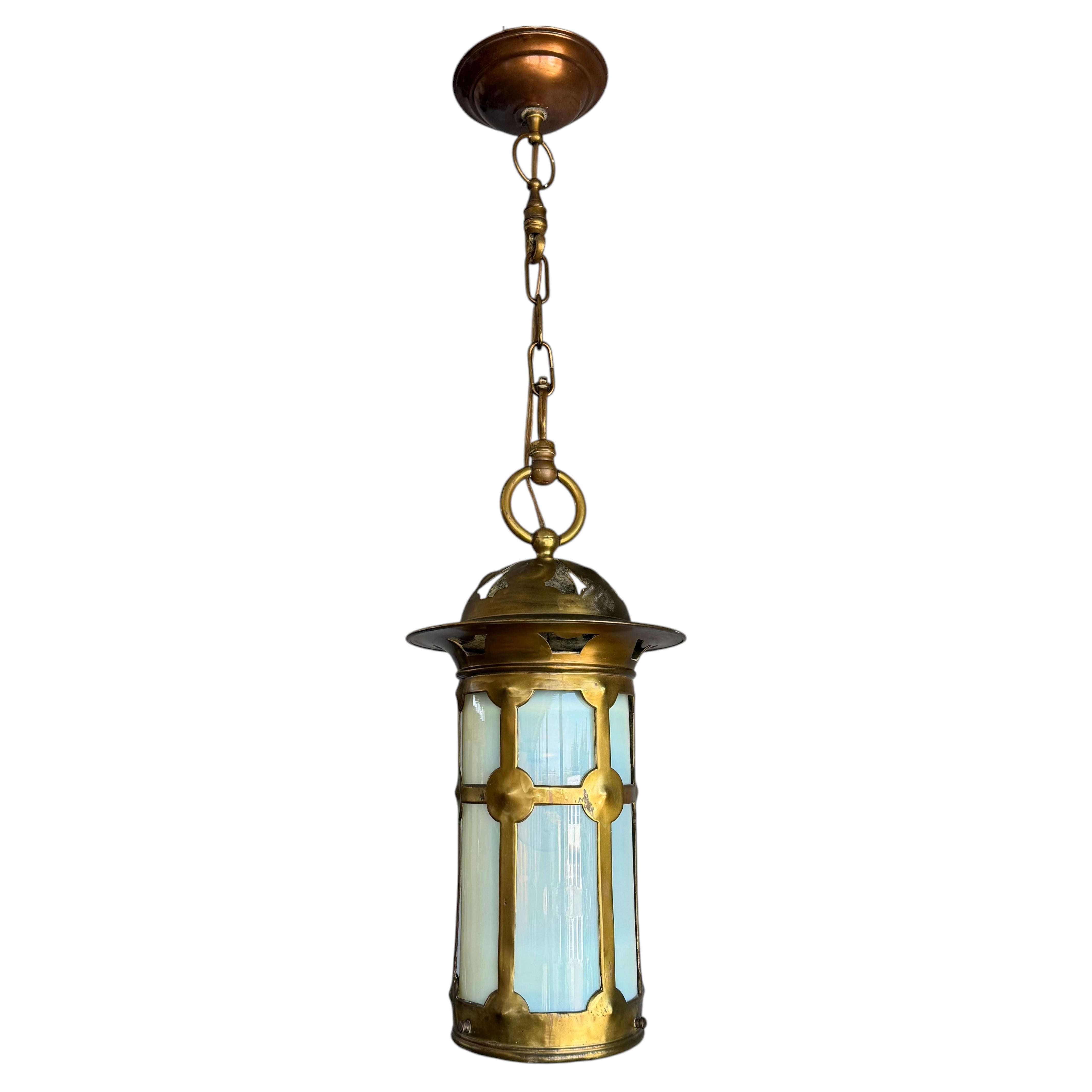 Beautiful English Arts & Crafts Brass and Opaline Glass Lantern / Pendant Light For Sale