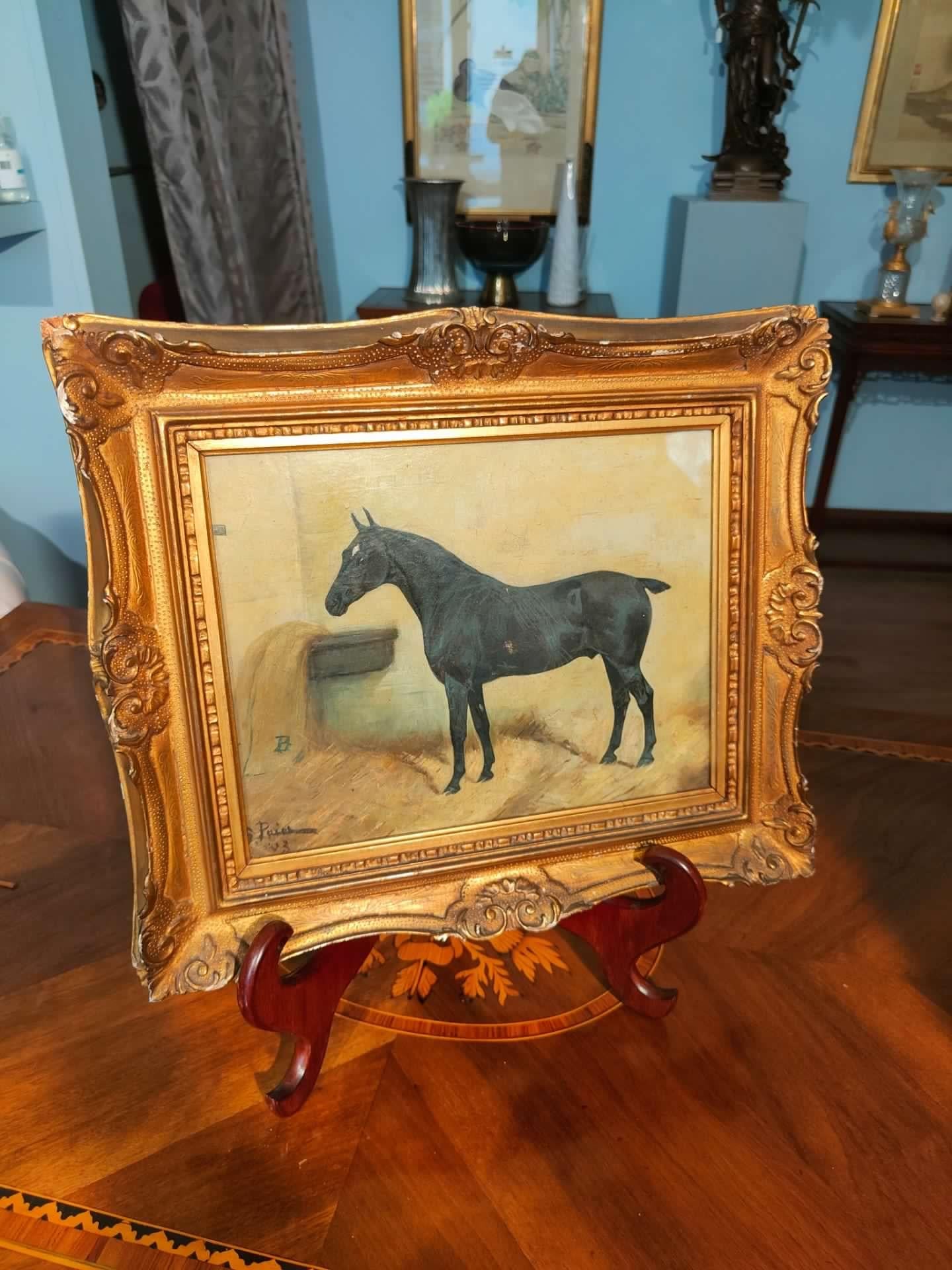 Beautiful English school painting depicting a horse, signed lower left.
On the back it has the original English label where it had probably been purchased previously
In Great Britain in the 19th century animals (dogs and horses) were often depicted