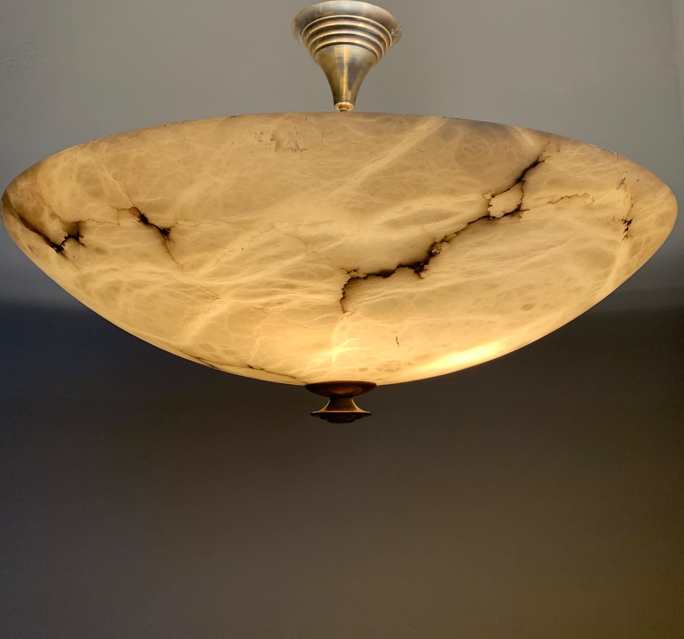 Beautiful & Enormous Size Alabaster & Brass Art Deco Pendant Light / Flush Mount In Good Condition In Lisse, NL