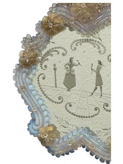 Magnifique miroir de couple en verre de Murano, Italie, années 1920, parties florales en paillettes d'or