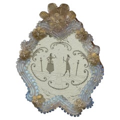 Magnifique miroir de couple en verre de Murano, Italie, années 1920, parties florales en paillettes d'or