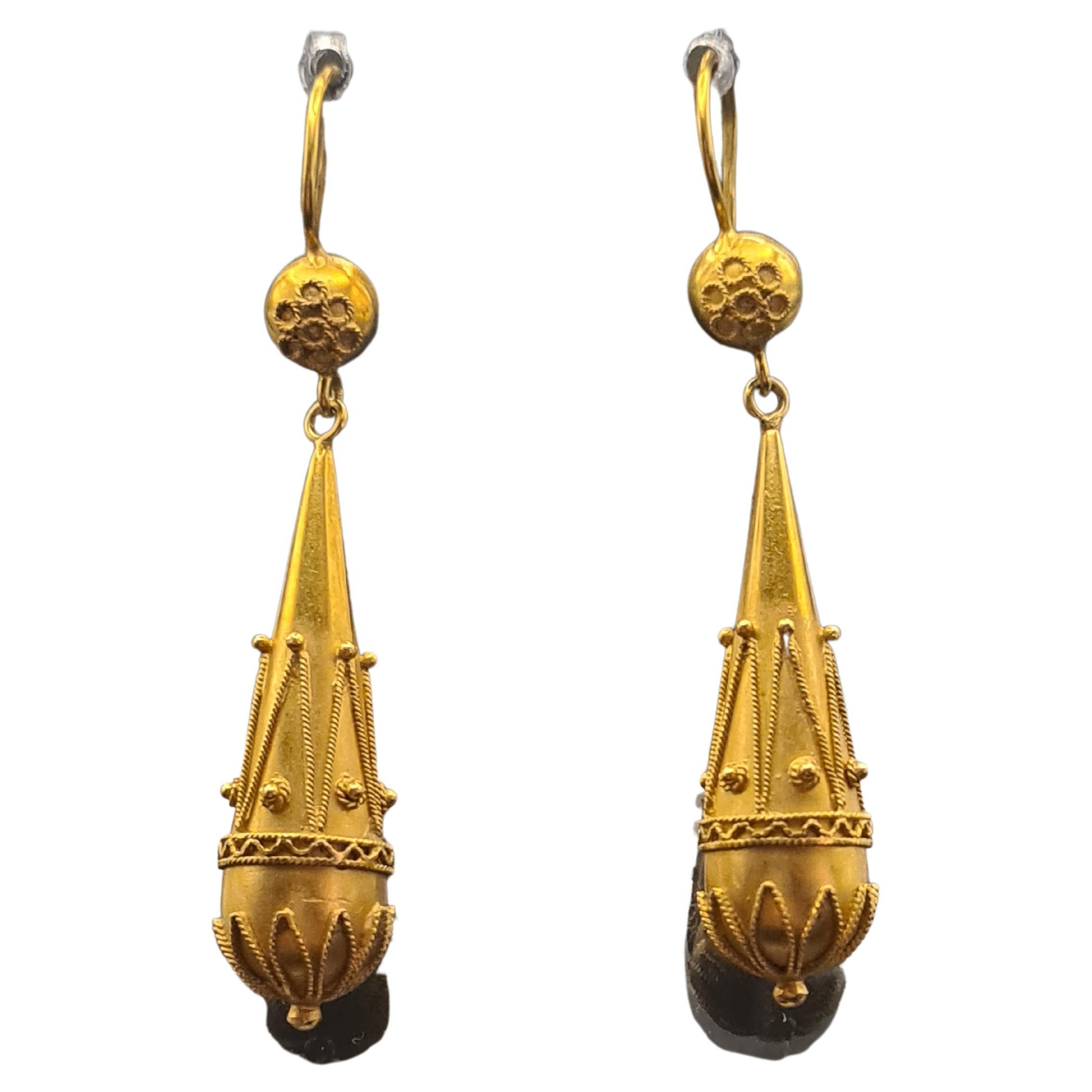 Beautiful Etruscan Revival Long Torpedo Granulation Earrings For Sale