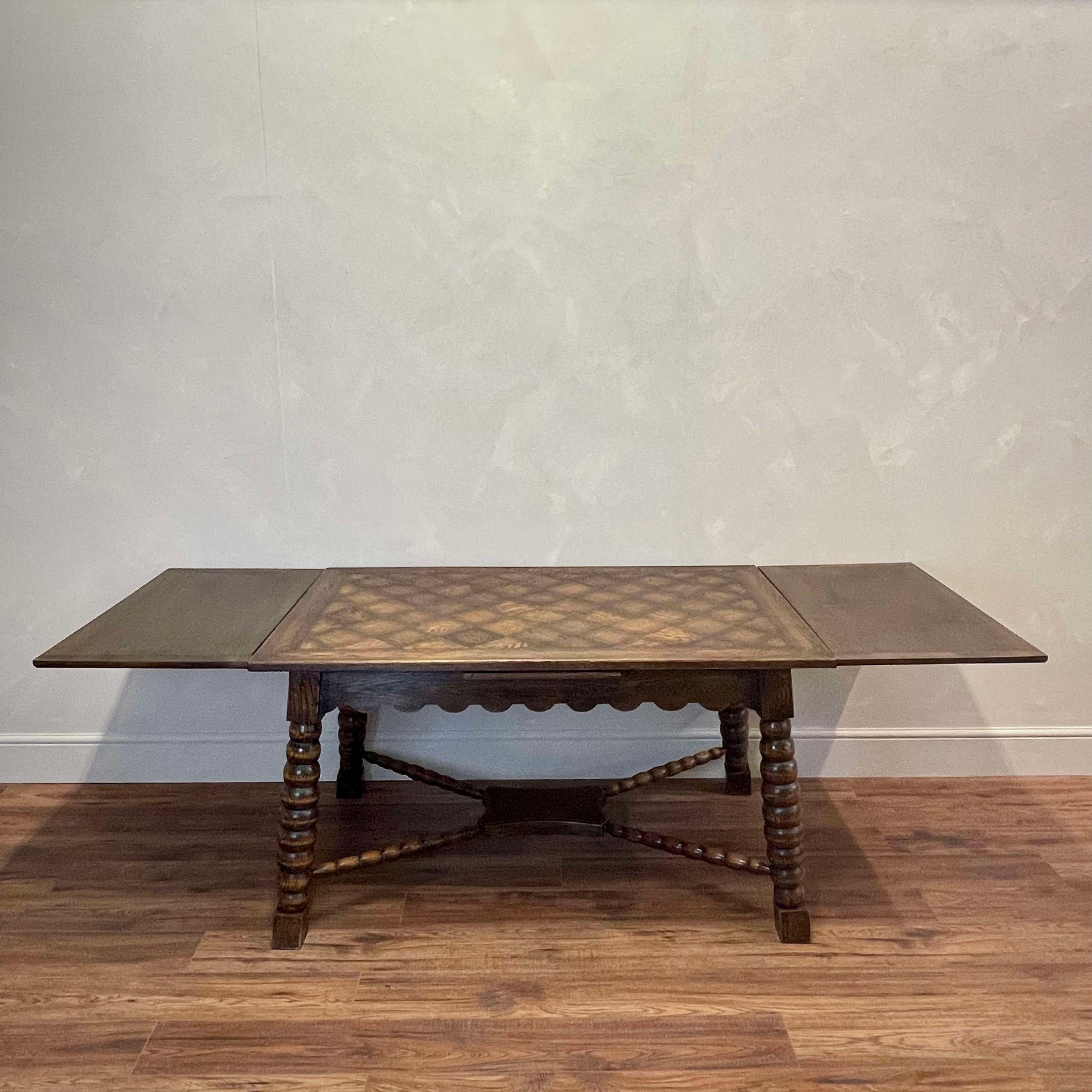 Parquetry Beautiful Extendable Carved Oak Table by Charles Dudouyt, French, 1940 For Sale