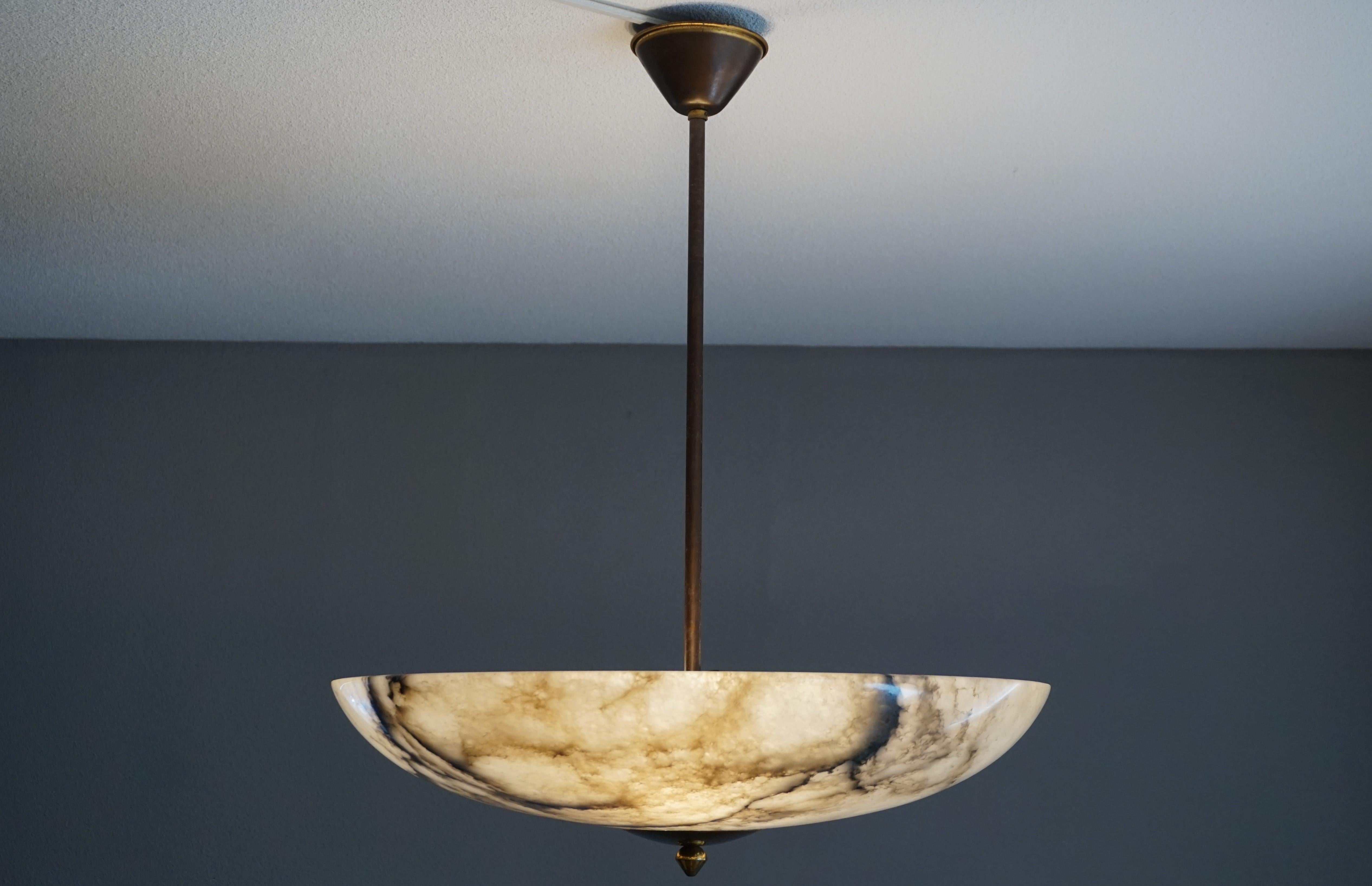 Hand-Crafted Beautiful and Extra Large Alabaster & Brass Art Deco Pendant Light / Flush Mount