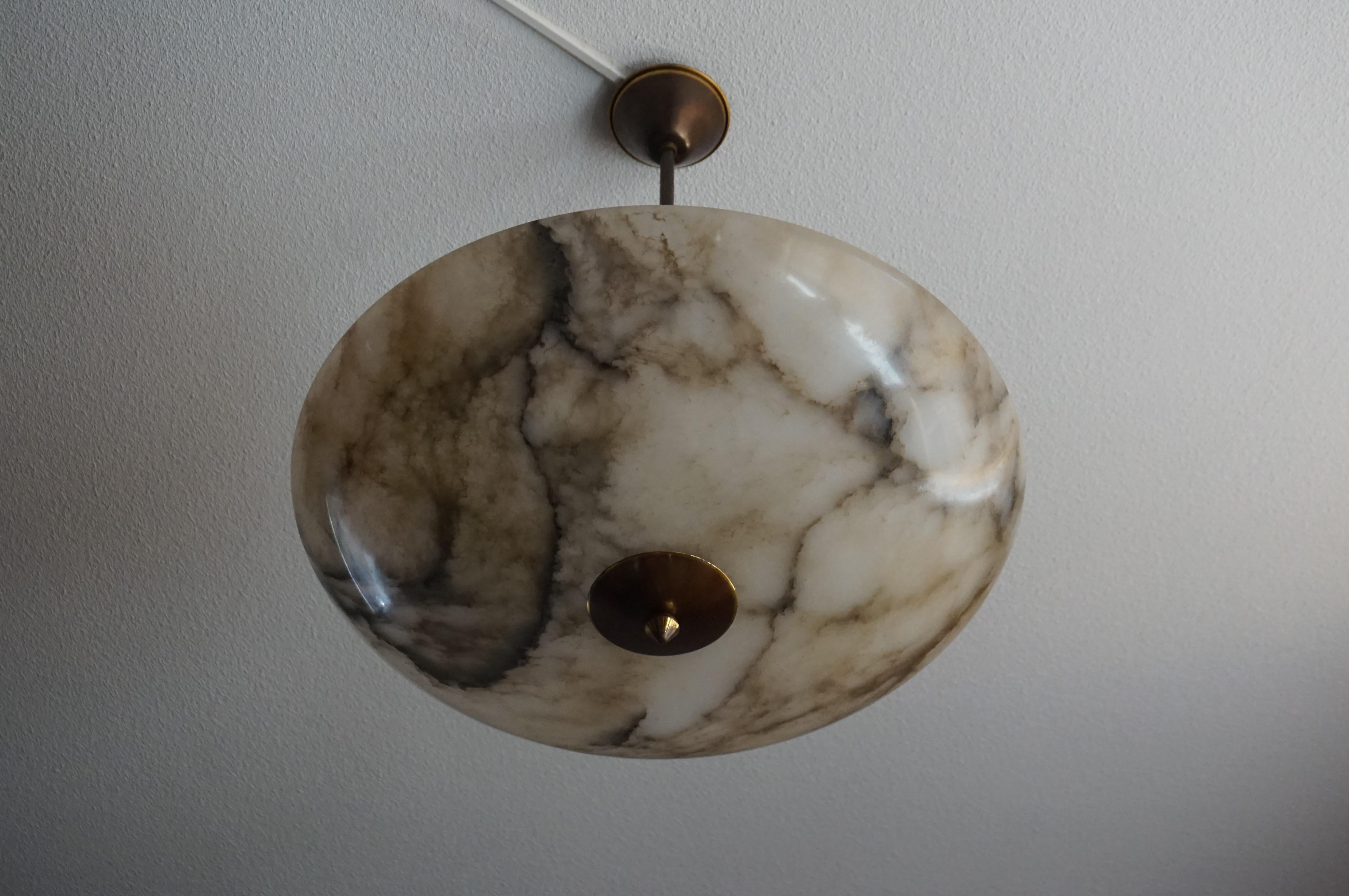 Beautiful and Extra Large Alabaster & Brass Art Deco Pendant Light / Flush Mount In Good Condition In Lisse, NL