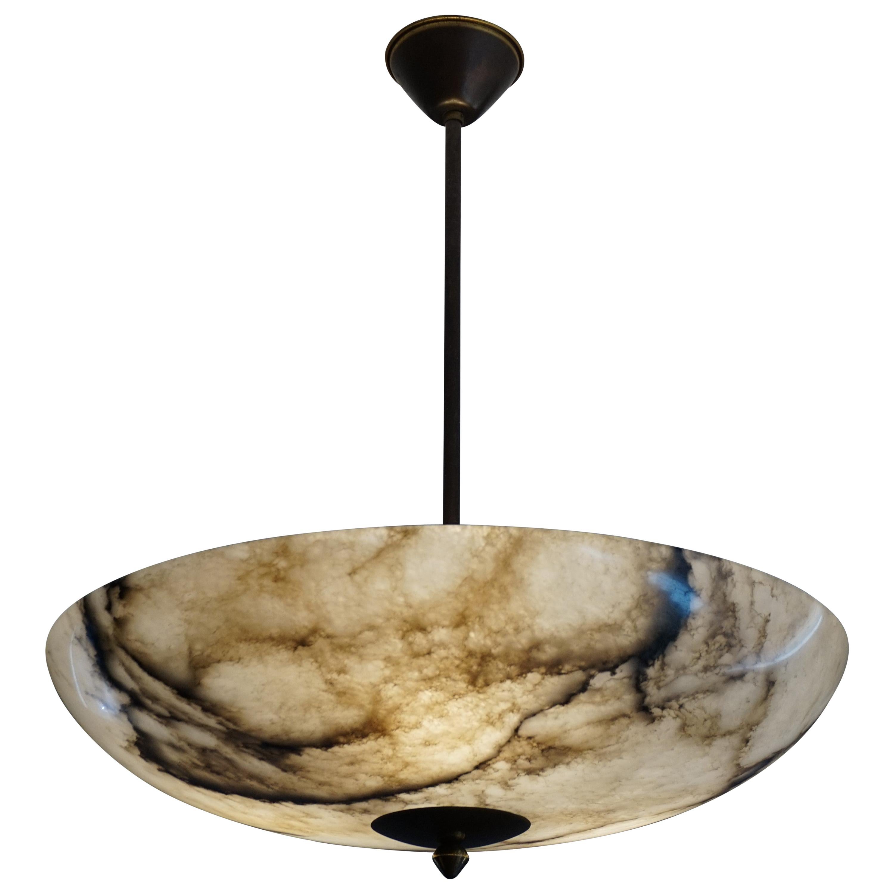 Beautiful and Extra Large Alabaster & Brass Art Deco Pendant Light / Flush Mount