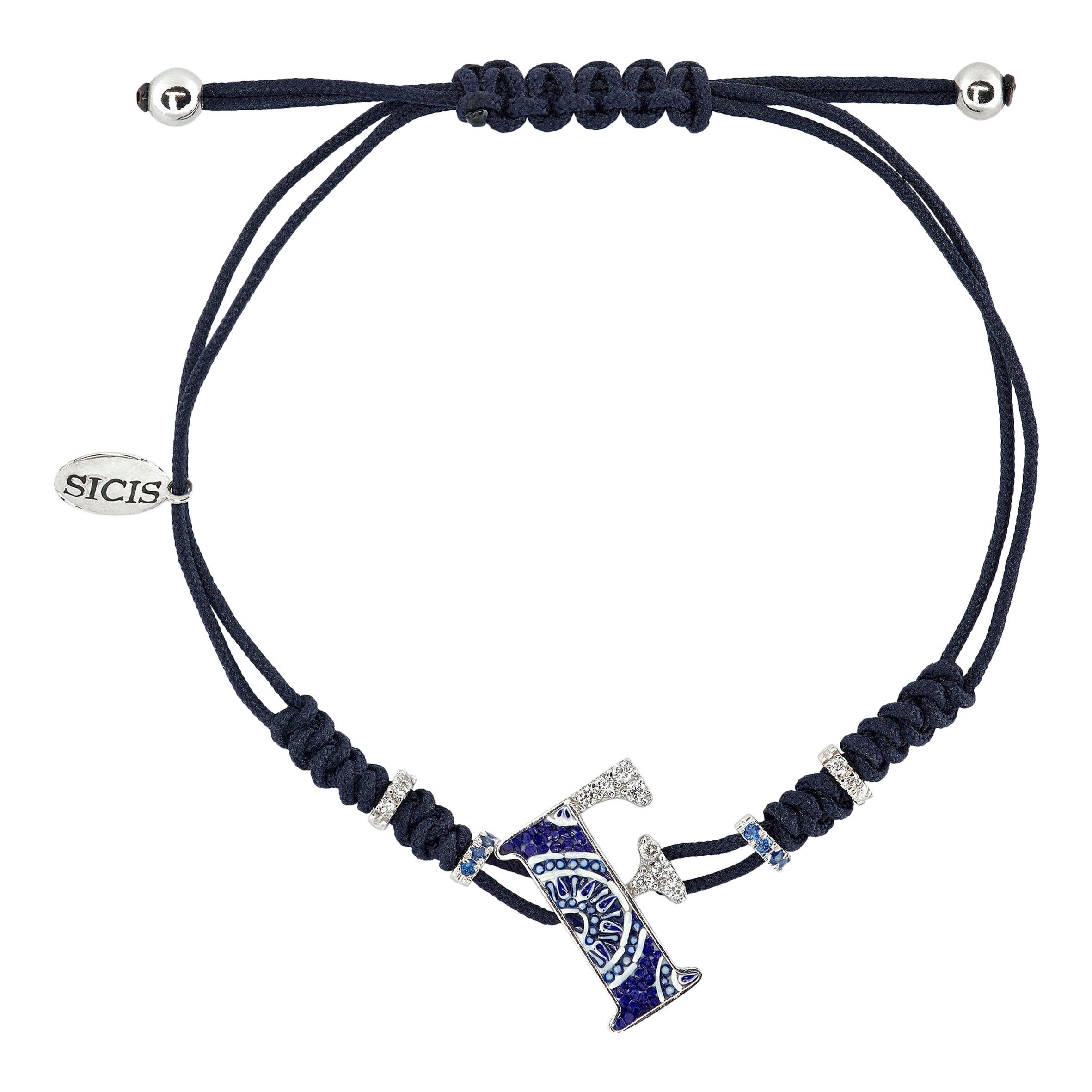 Bracelet élégant lettre F en or blanc, diamants blancs et saphirs bleus en micro-mosaïque en vente