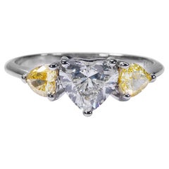 Beautiful Fancy Color Heart Three Stone Ring with 1.55 Natural Diamonds-AIG Cert