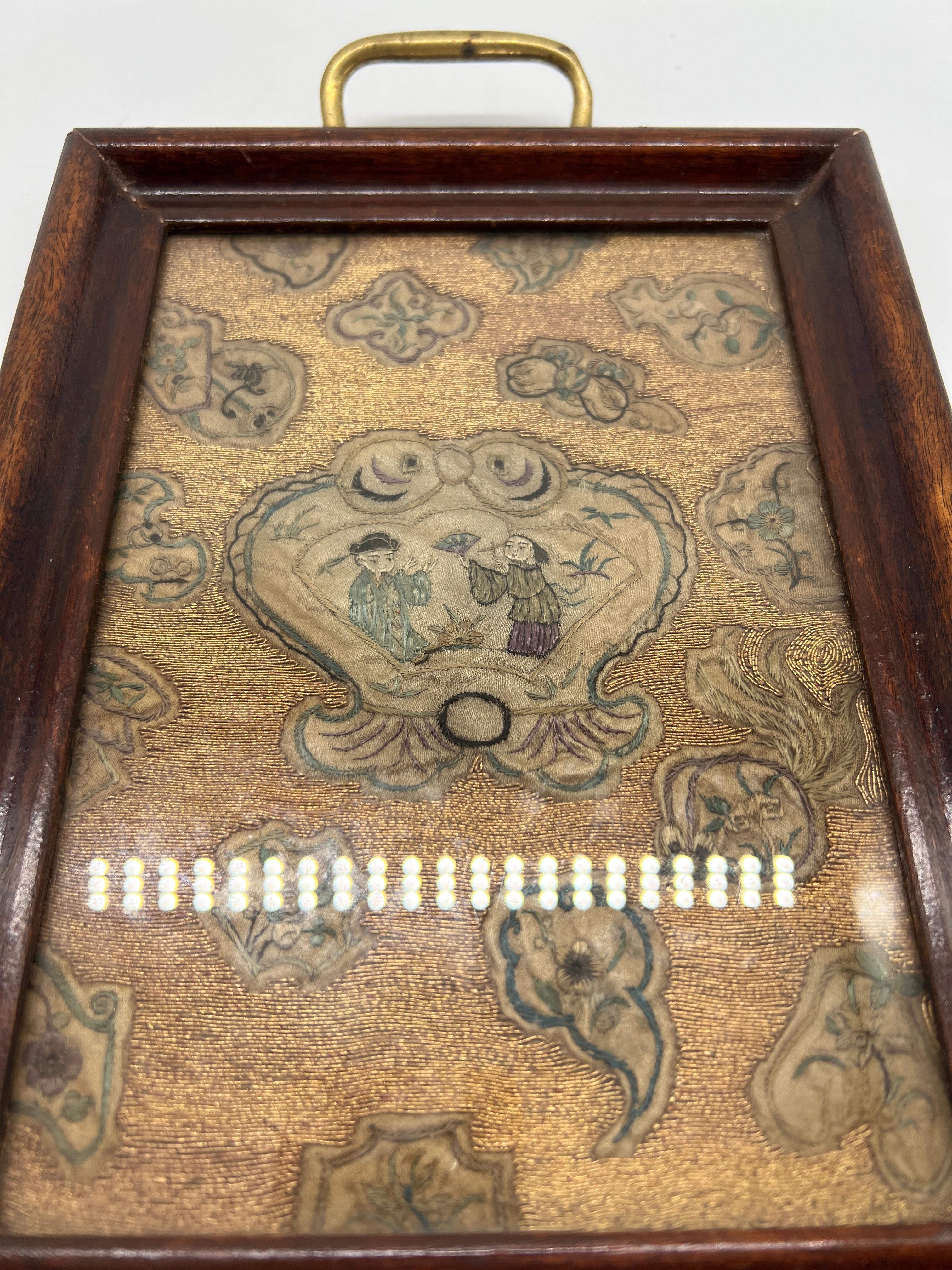 Chinese Export Beautiful & Fine Georgian Era Tray W/ Chinese Gold Thread Embroidery For Sale