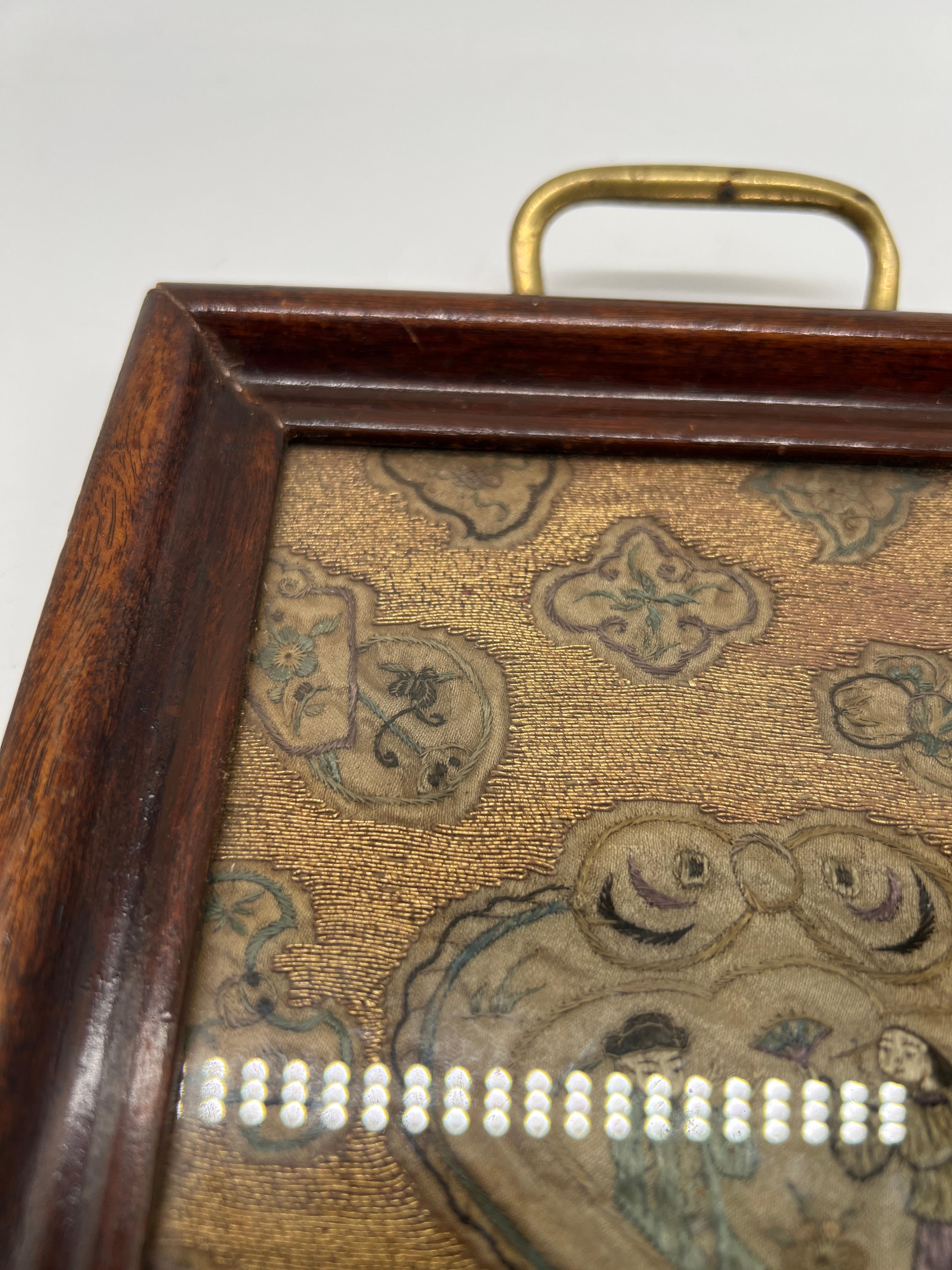 Brass Beautiful & Fine Georgian Era Tray W/ Chinese Gold Thread Embroidery For Sale