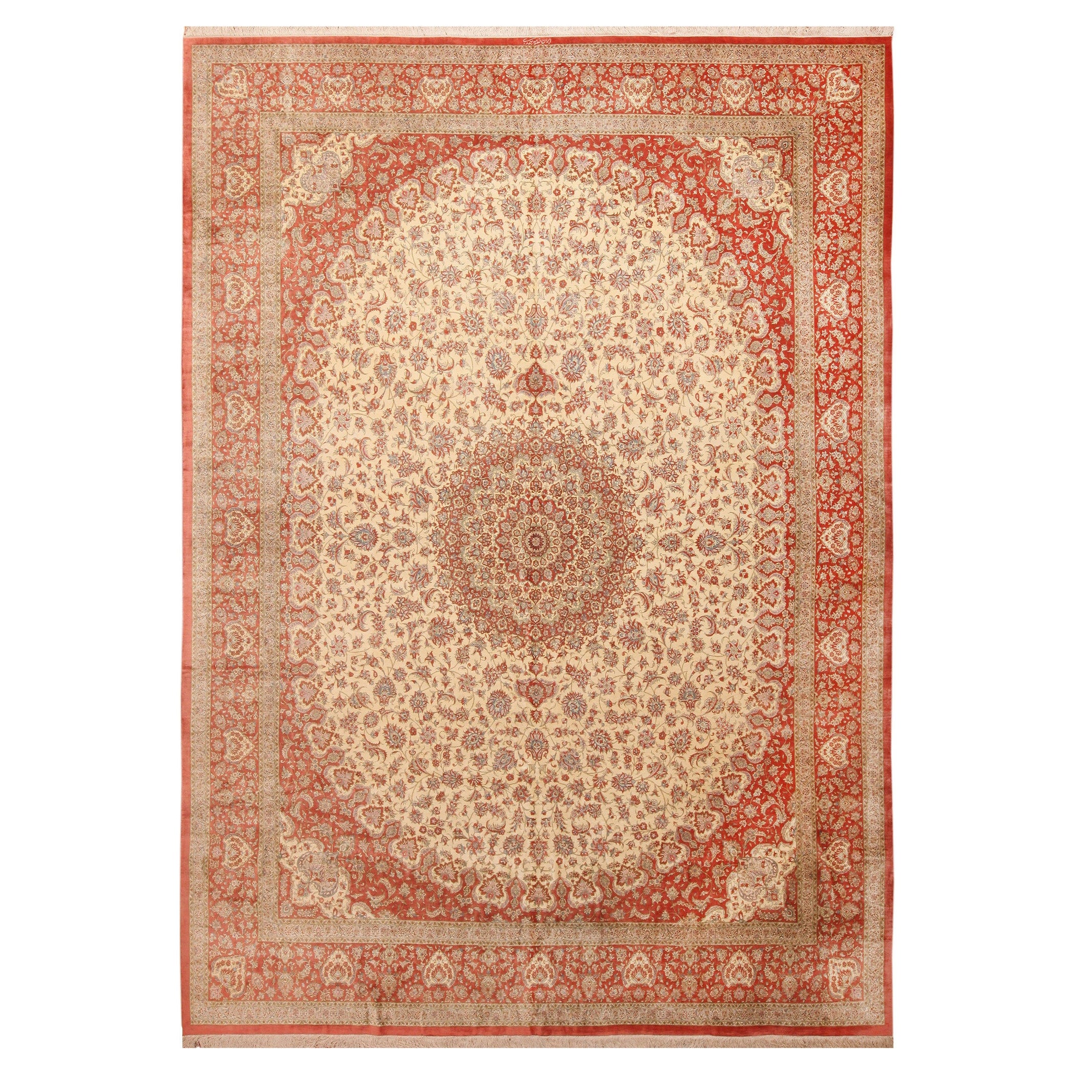 Magnifique tapis persan vintage en soie Qum de 10' x 13'4".