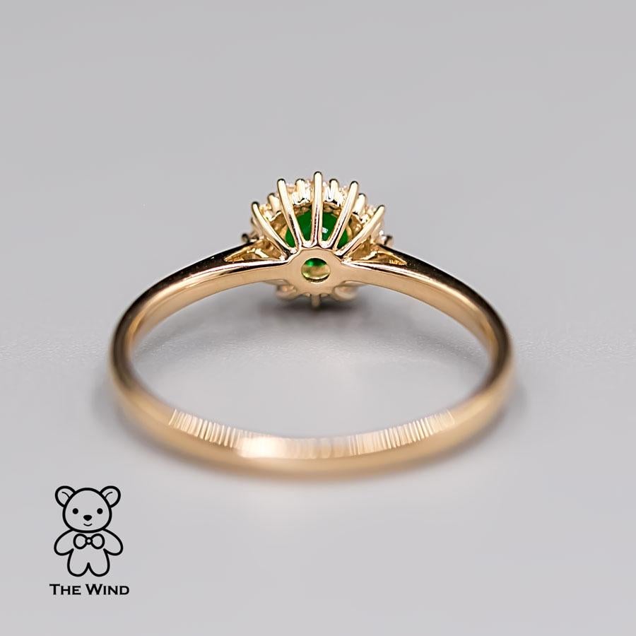 Artist Beautiful Fire Emerald Halo Diamond Engagement Wedding Ring in 18K Yellow Gold For Sale