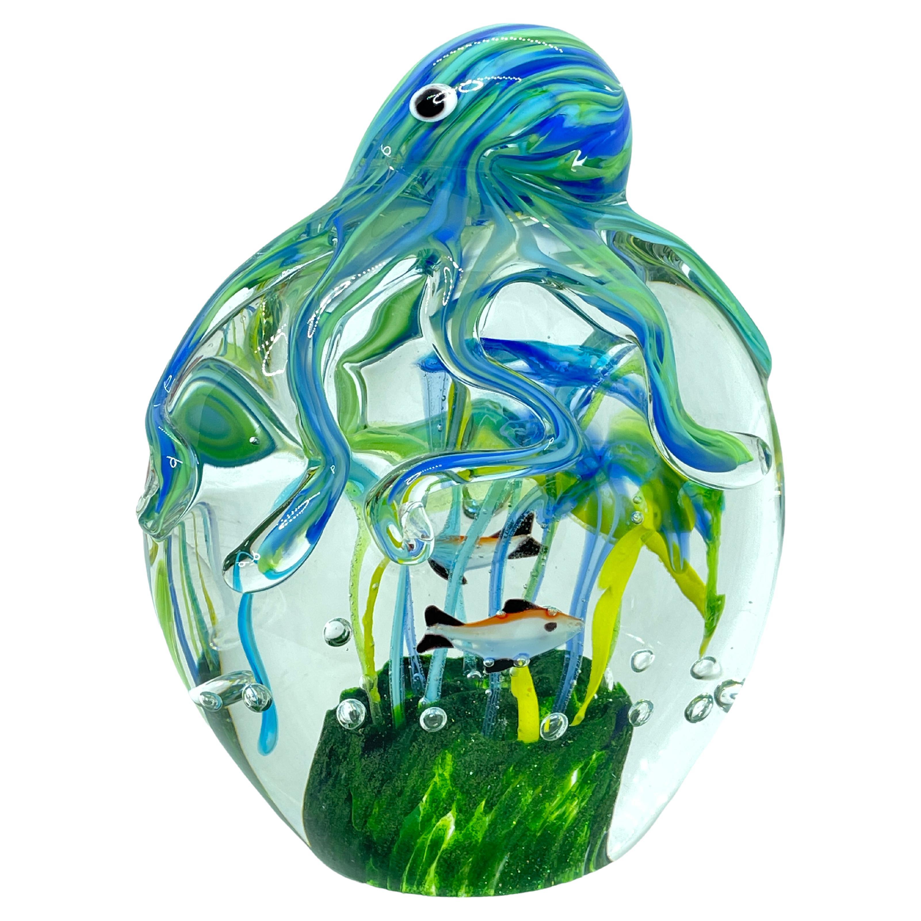 Beautiful Fish Reef and Octopus Murano Italian Art Glass Aquarium Paperweight For Sale