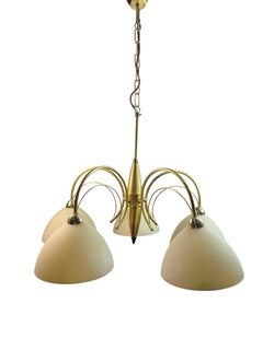 Beautiful Five Light Brass & Glass Shade Chandelier, Honsel Leuchten, 1980s