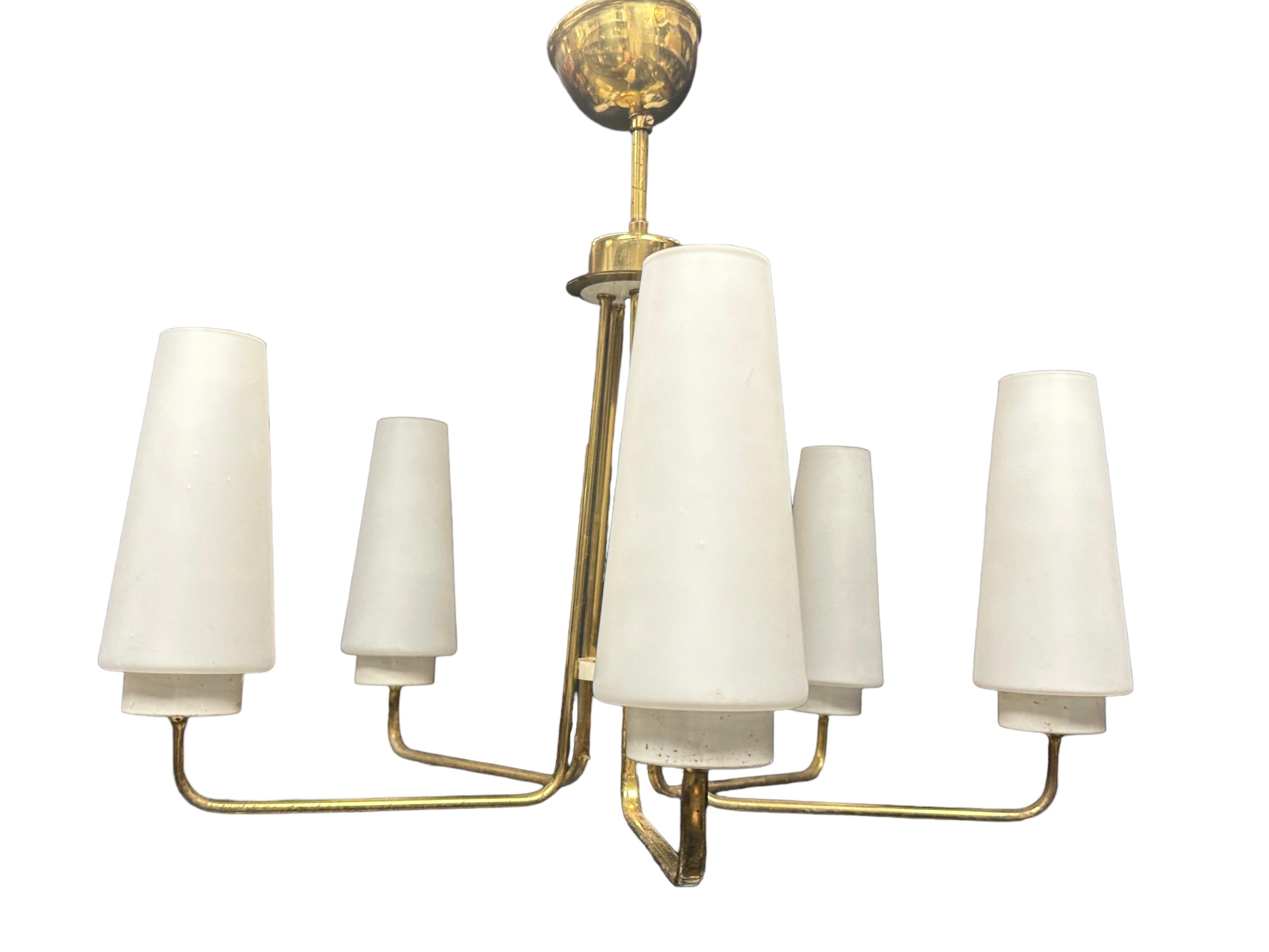 Mid-Century Modern Beautiful Five Light Brass & Glass Stilnovo Chandelier Vintage Italy, 1950s