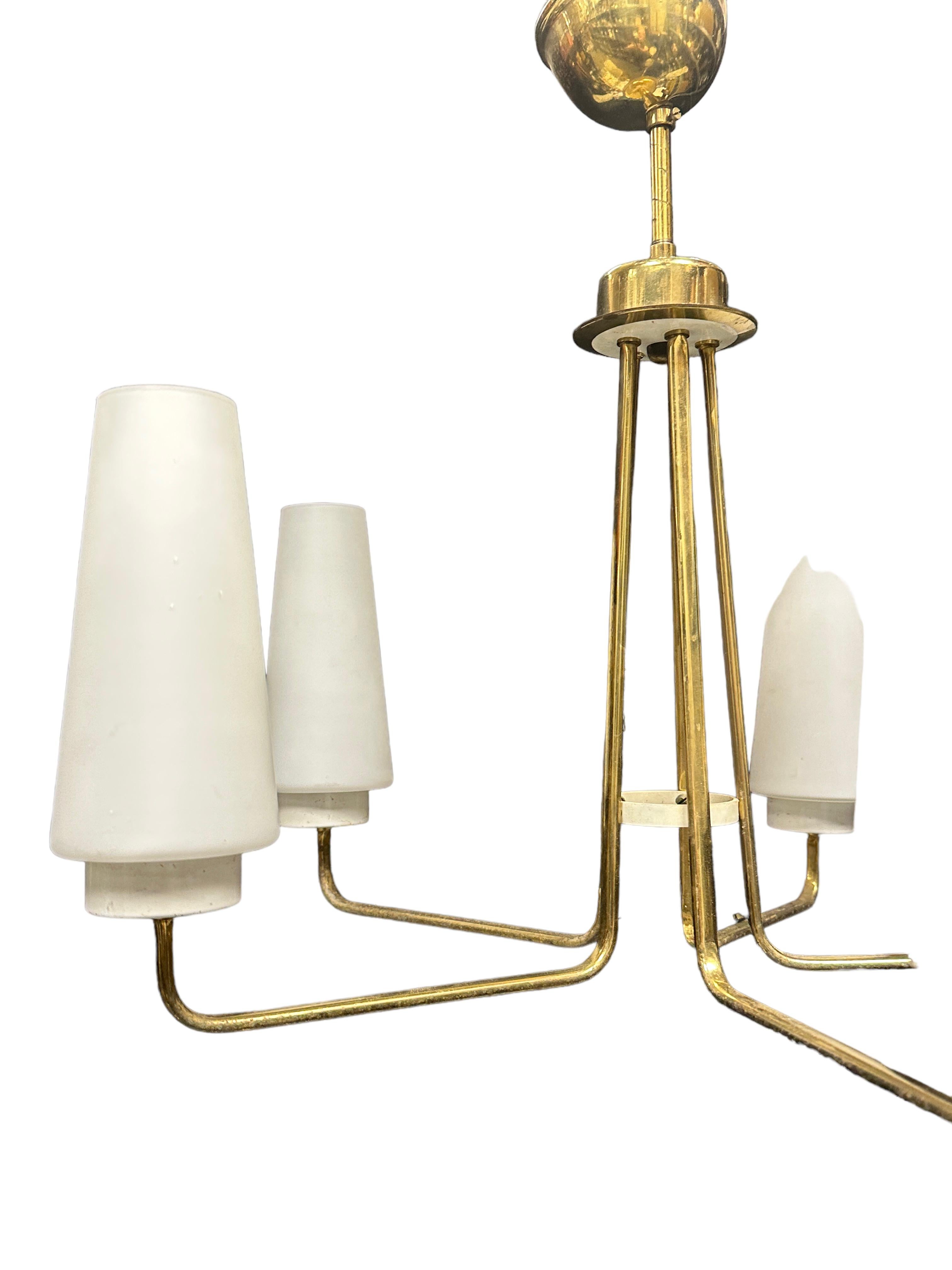Lacquered Beautiful Five Light Brass & Glass Stilnovo Chandelier Vintage Italy, 1950s