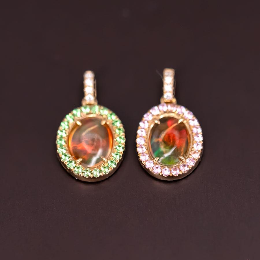 Beautiful Flame Two Side Mexican Fire Opal, Diamond, Pink Sapphire, Tsavorite, Necklace 18K Yellow Gold.


Free Domestic USPS First Class Shipping! Free Gift Bag or Box with every order!

Opal—the queen of gemstones, is one of the most beautiful