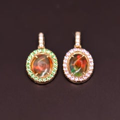Two Side Mexican Fire Opal, Diamond, Pink Sapphire Tsavorite, Pendant Necklace