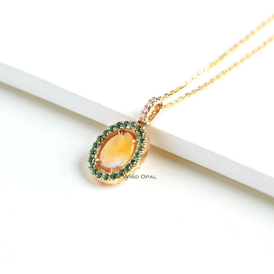 Artist Beautiful Flame Two Side Mexican Fire Opal, Diamond Necklace 18K Yellow Gold For Sale