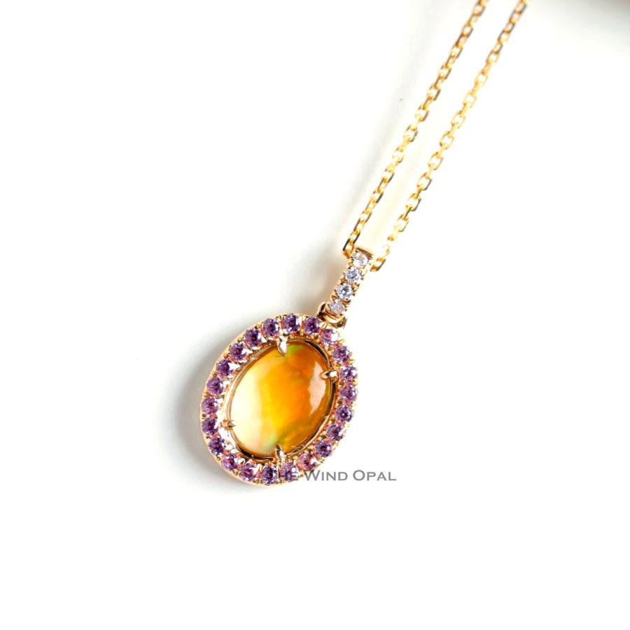 Artist Beautiful Flame Two Side Mexican Fire Opal, Diamond Necklace 18K Yellow Gold For Sale