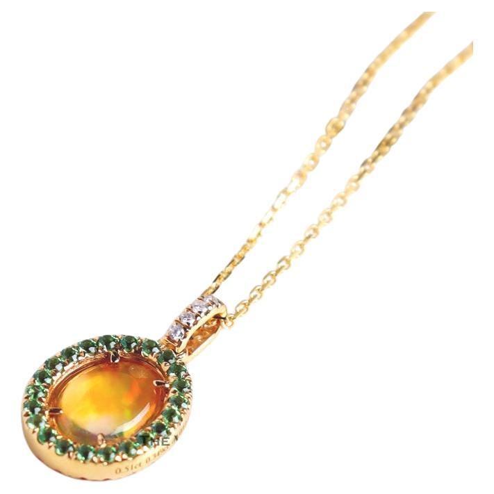 Beautiful Flame Two Side Mexican Fire Opal, Diamond Necklace 18K Yellow Gold For Sale
