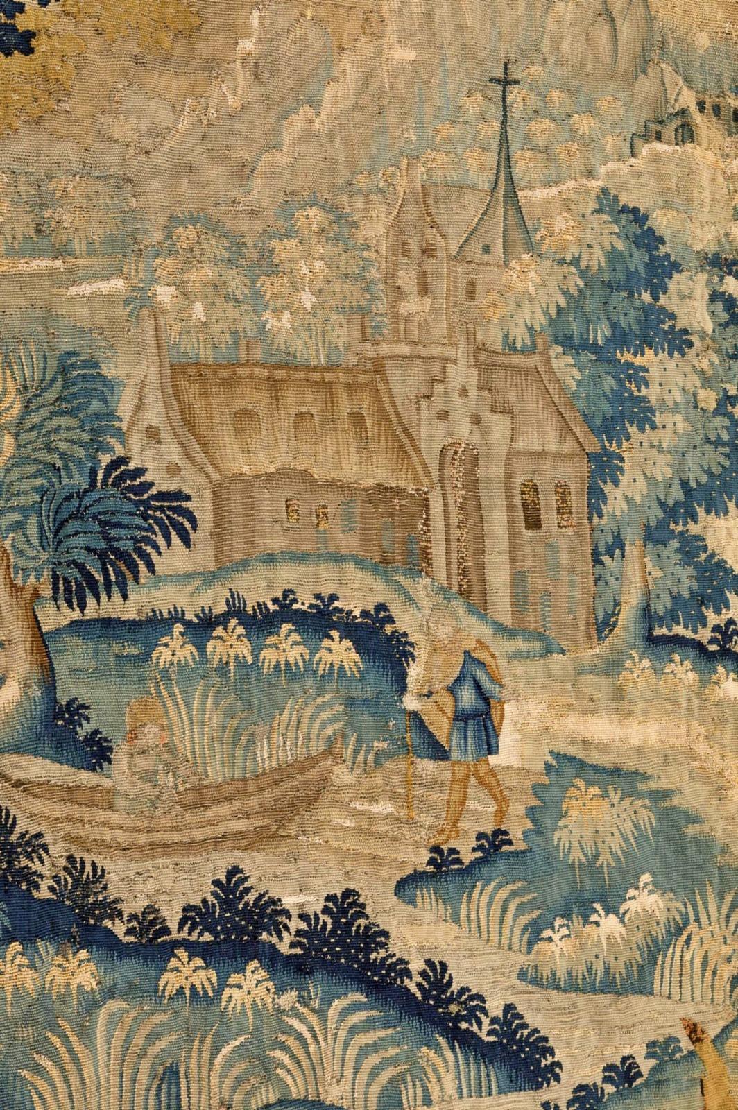 Belle tapisserie flamande du 17ème siècle

Tapisserie murale en laine et lin des Pays-Bas méridionaux du XVIIe siècle. 
Représentation de promeneurs devant un château. 
300 x 192 cm
Bon état.