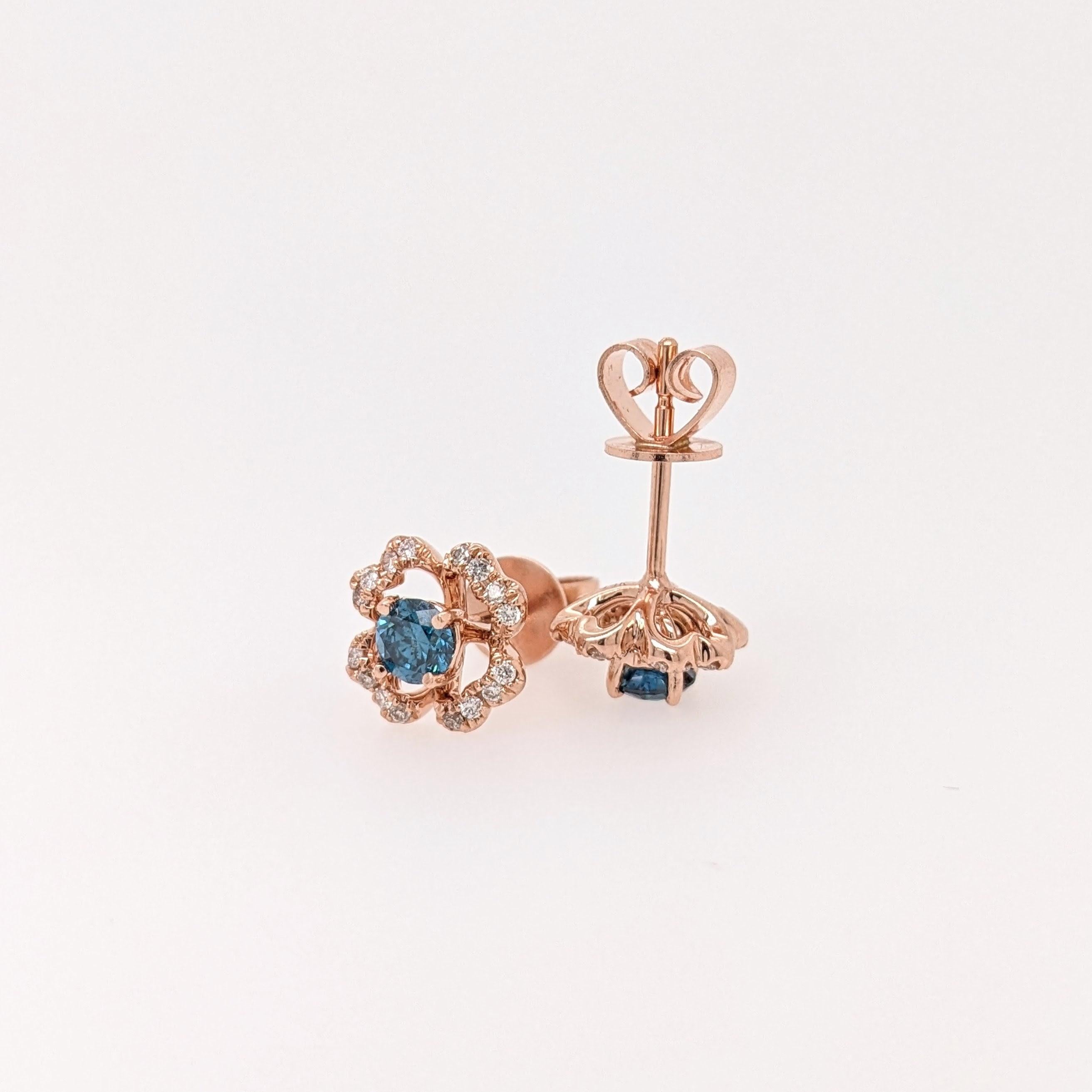 Modern Beautiful Floral Blue Diamond Studs w Earth Mined Diamonds in Solid 14K Gold For Sale