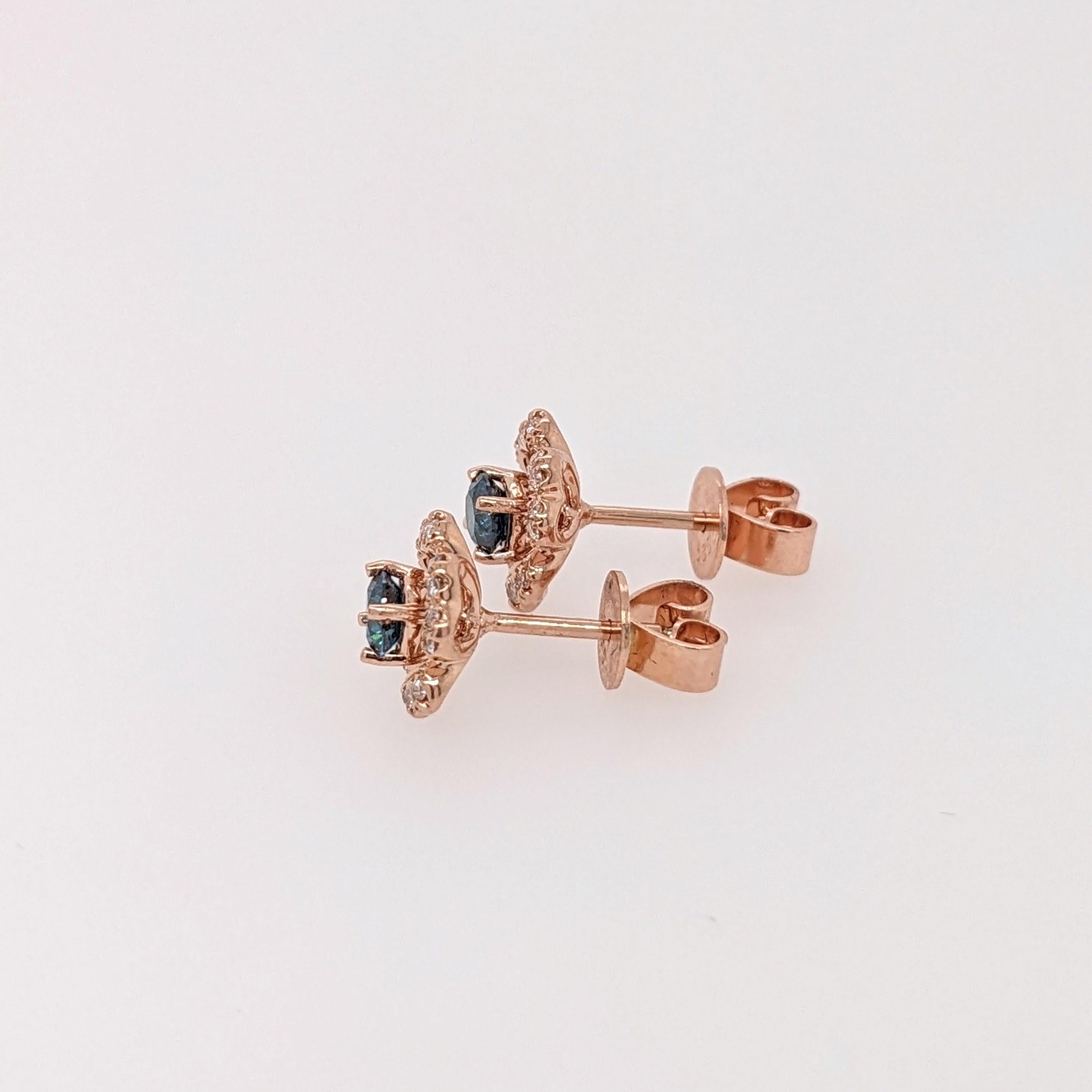 Round Cut Beautiful Floral Blue Diamond Studs w Earth Mined Diamonds in Solid 14K Gold For Sale