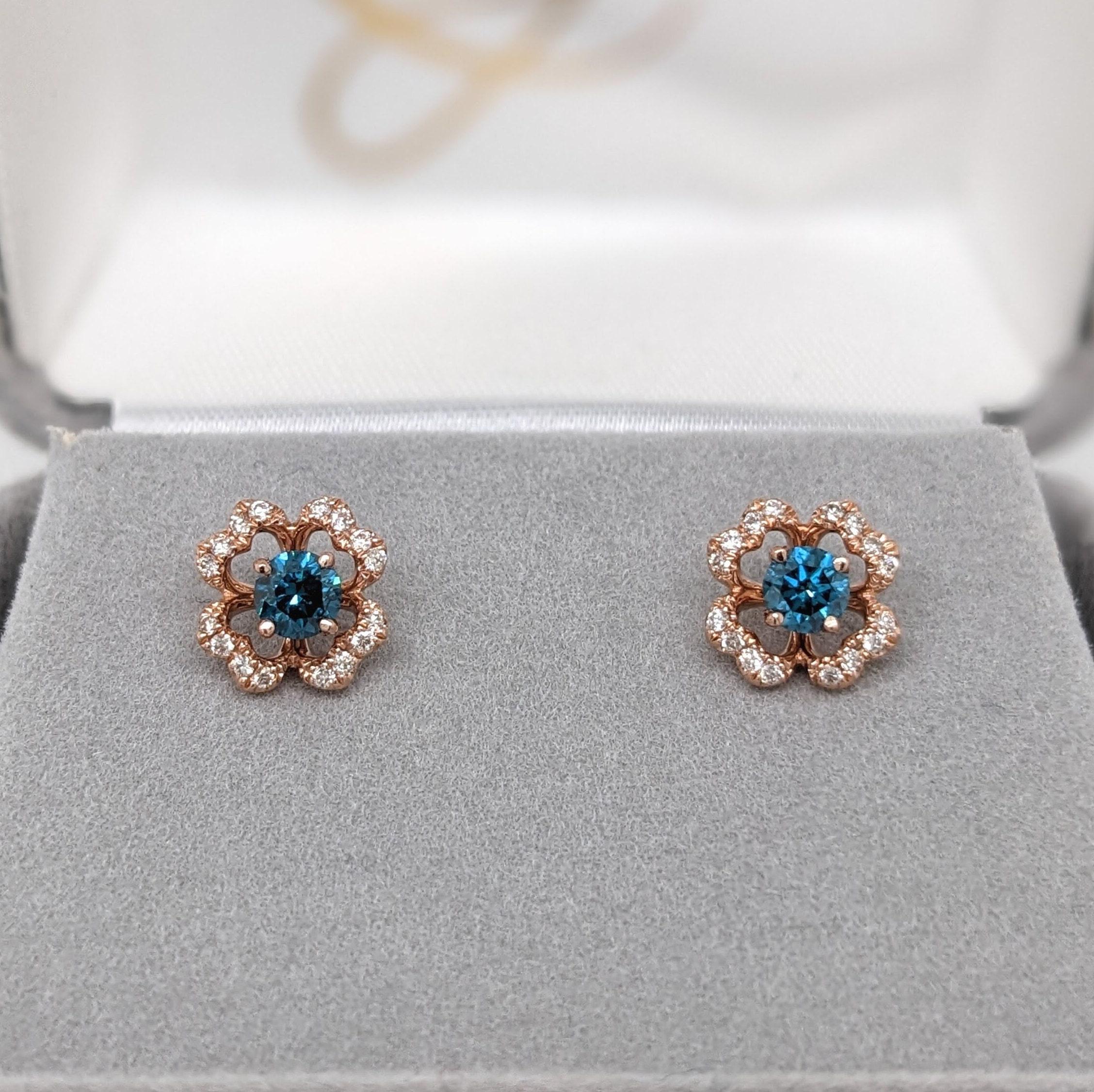 Women's Beautiful Floral Blue Diamond Studs w Earth Mined Diamonds in Solid 14K Gold For Sale